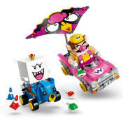 LEGO Super Mario: Mario Kart – Wario és King Boo közelkép, a rózsaszín és kék gokartokkal és piros kagyló elemmel.