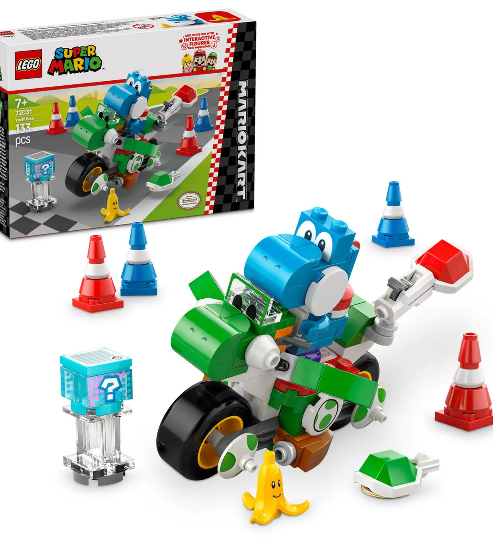  Yoshi Bike és doboz bemutató: A Yoshi Bike készlet elemei és a doboz együtt, kiemelve a szett tartalmát.