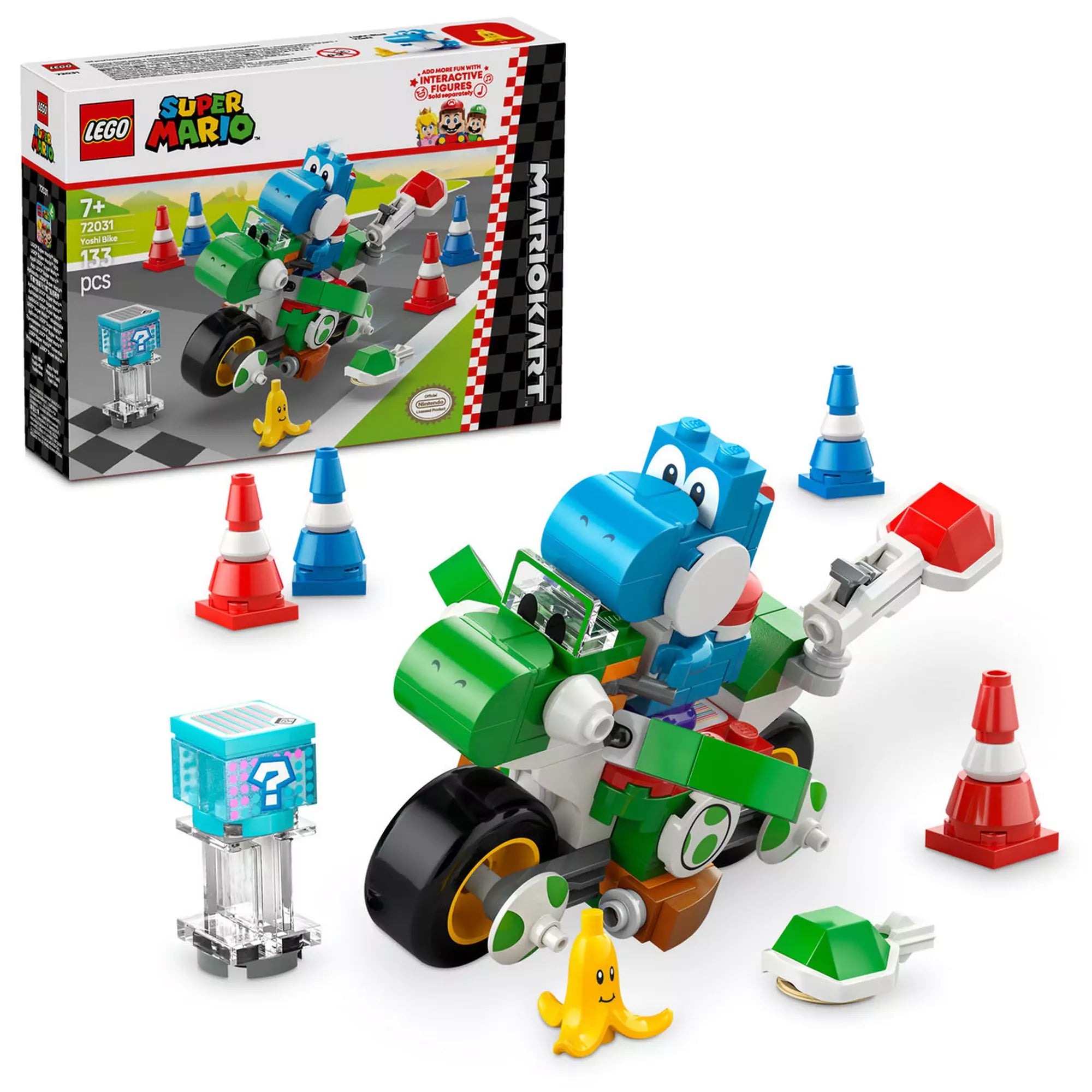  Yoshi Bike és doboz bemutató: A Yoshi Bike készlet elemei és a doboz együtt, kiemelve a szett tartalmát.