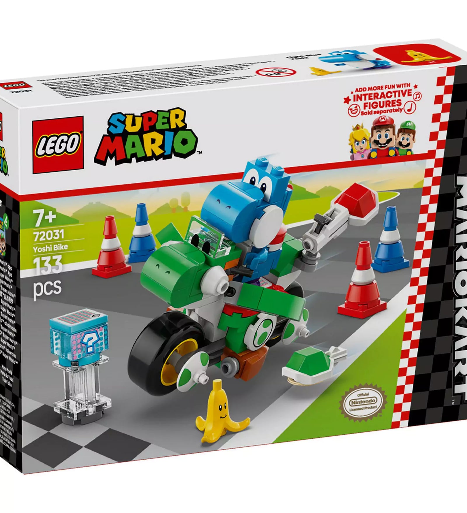  Mario Kart - Yoshi Bike doboz: A LEGO Super Mario készlet csomagolása, amelyen a Yoshi Bike és tartozékai láthatók.