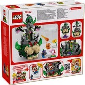 „LEGO Super Mario: Prince Florian és Bowser kastélya (72042) doboz hátlapja, a készlet játéklehetőségeivel és interaktív funkcióival.”