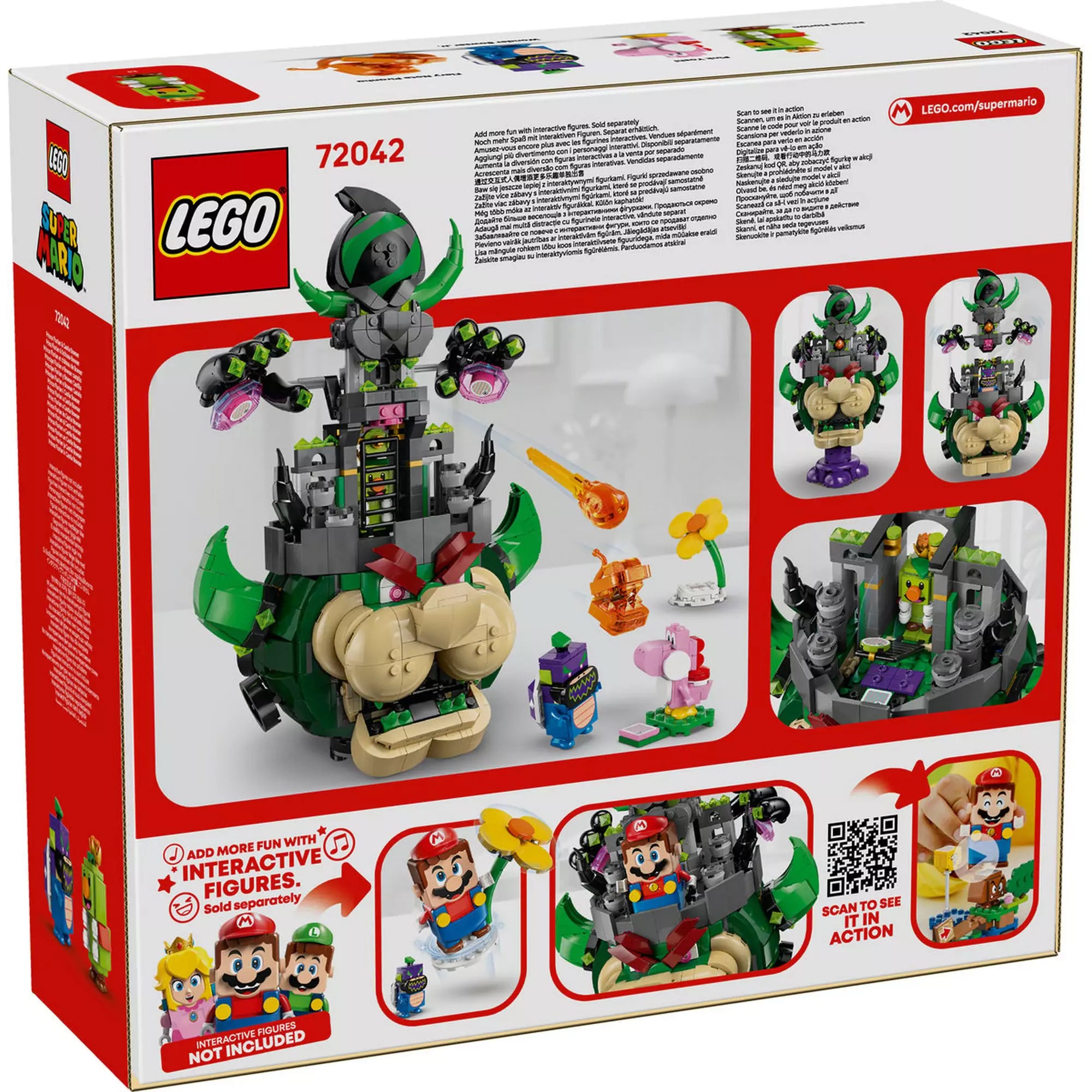 „LEGO Super Mario: Prince Florian és Bowser kastélya (72042) doboz hátlapja, a készlet játéklehetőségeivel és interaktív funkcióival.”