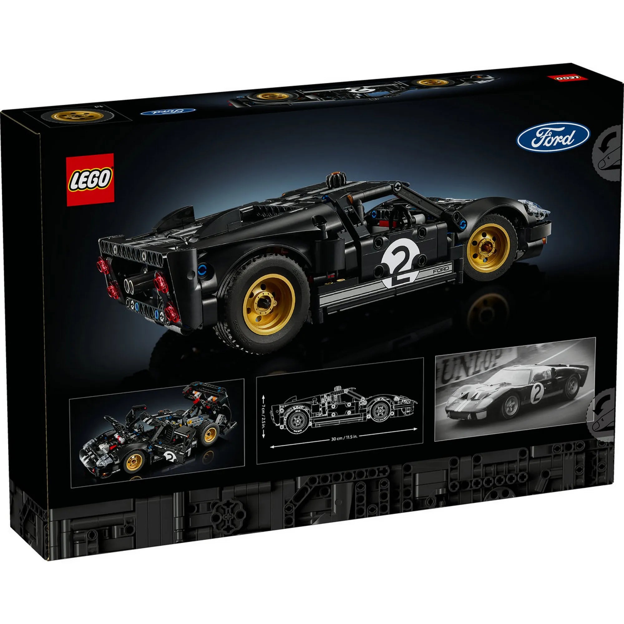 LEGO Technic 1966 Ford GT40 MKII készlet dobozának hátoldala, a megépített autó hátulnézete és a belső mechanikai részletek bemutatása