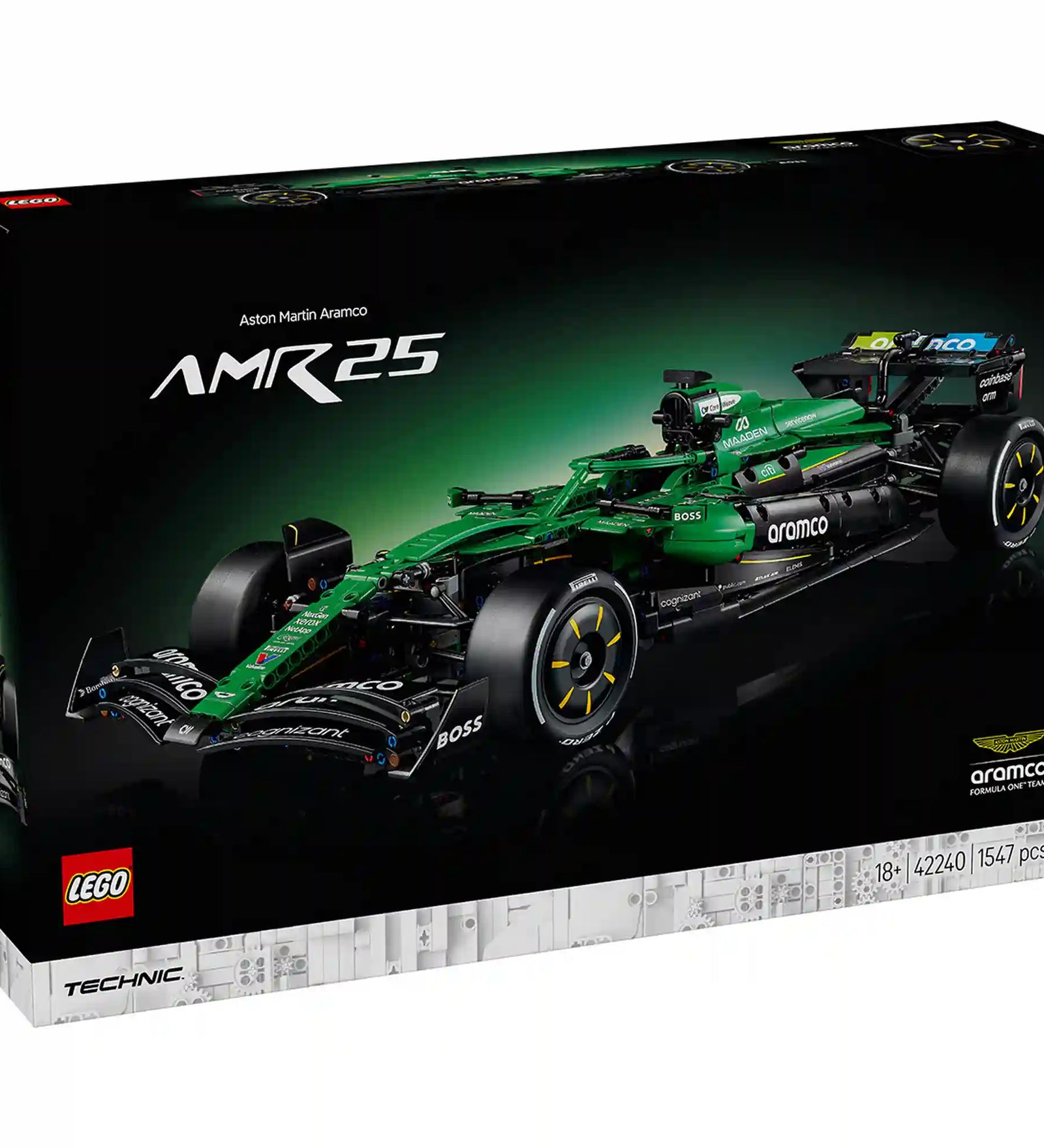 LEGO Technic Aston Martin Aramco AMR25 F1 autó 42240 doboza elölnézetből.