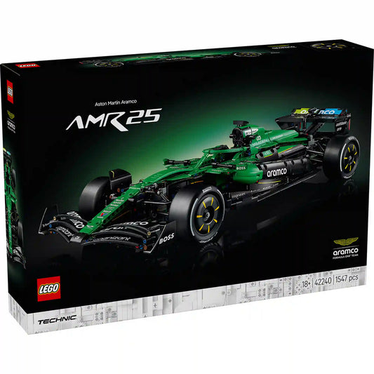 LEGO Technic Aston Martin Aramco AMR25 F1 autó 42240 doboza elölnézetből.