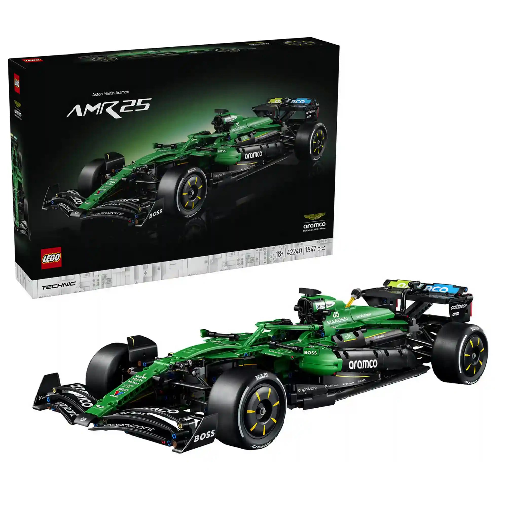 LEGO Technic Aston Martin Aramco AMR25 F1 autó és a készlet doboza együtt.