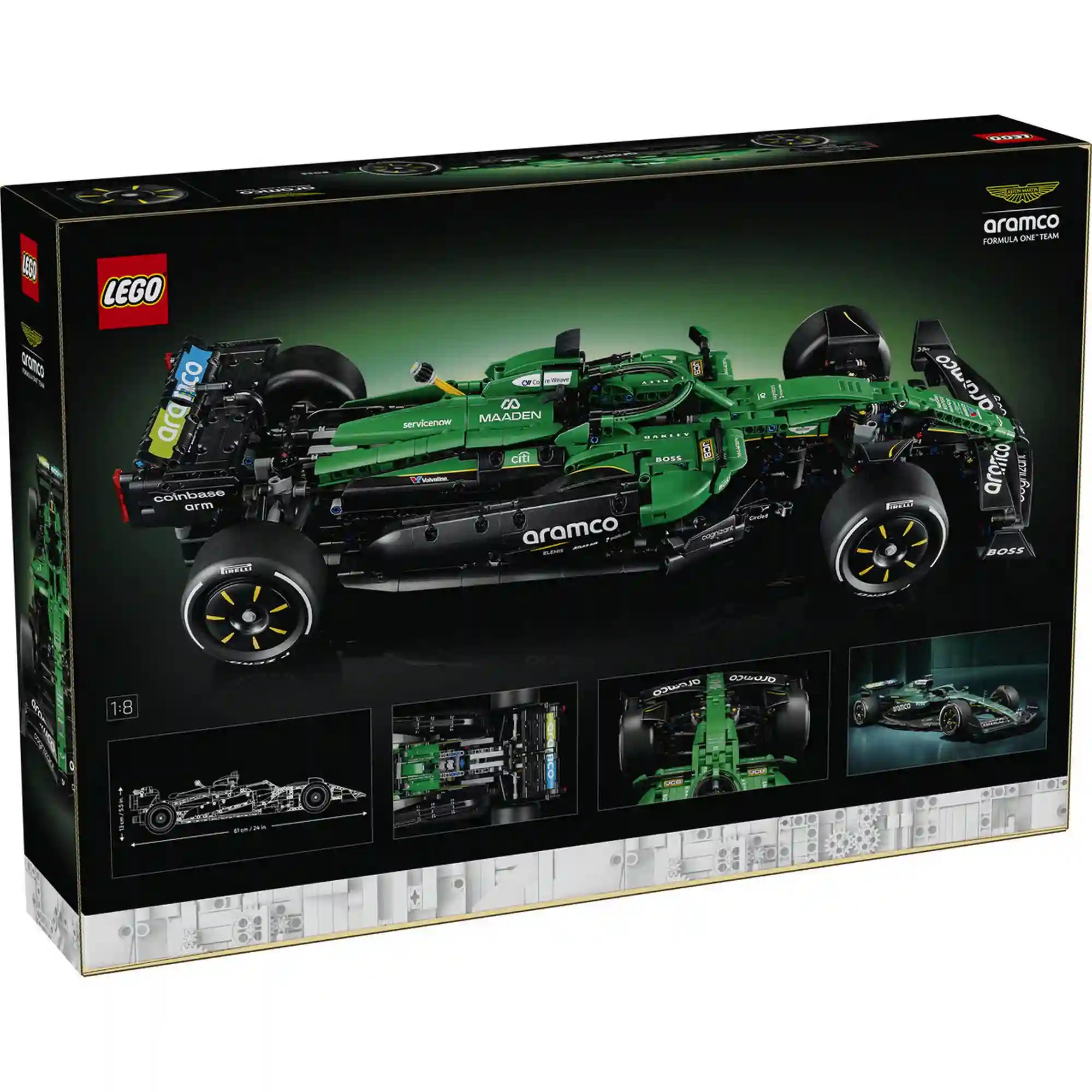 A LEGO Technic Aston Martin Aramco AMR25 F1 készlet dobozának hátoldala.