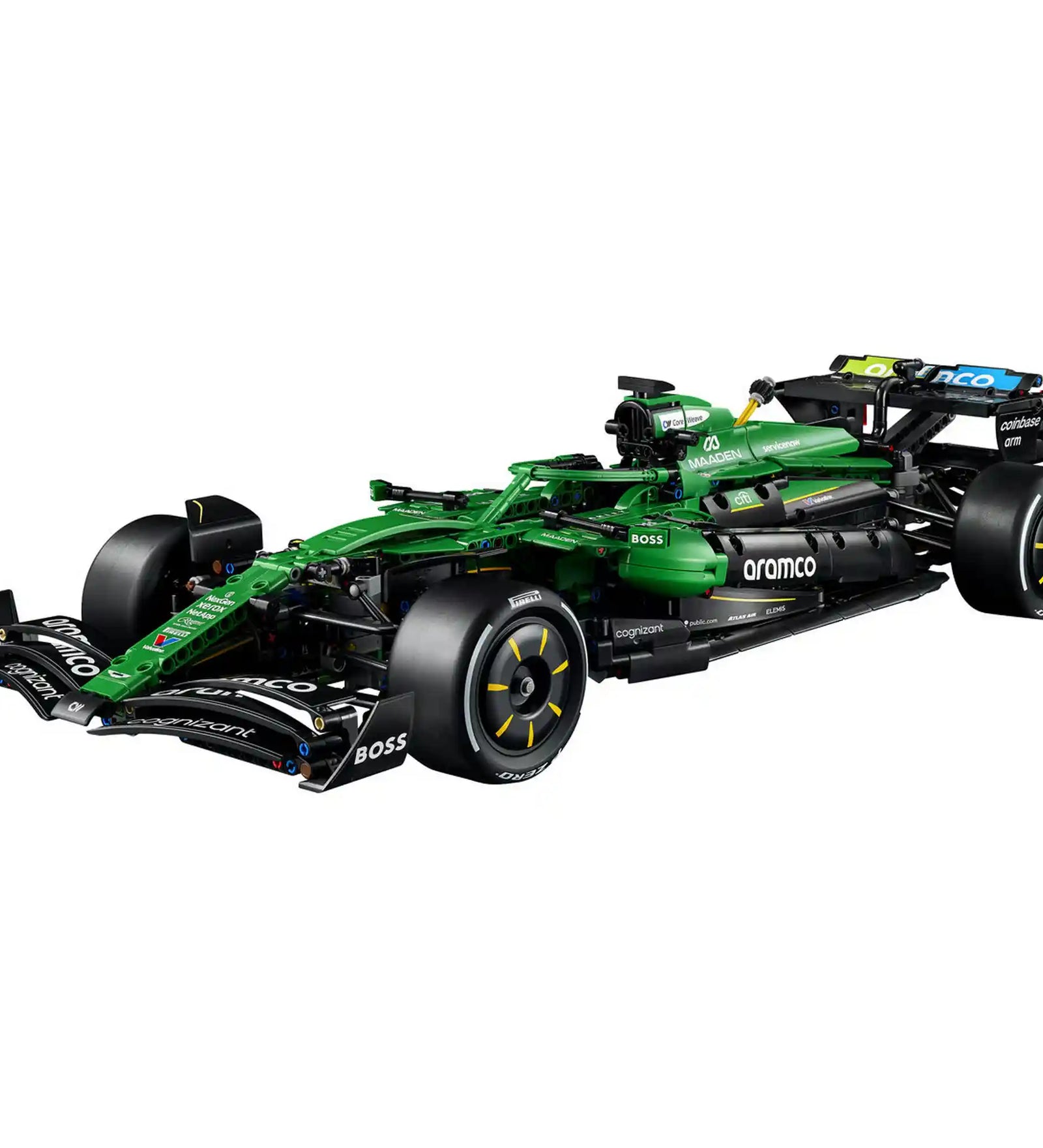 Megépített LEGO Technic Aston Martin Aramco AMR25 F1 autó fehér háttéren.