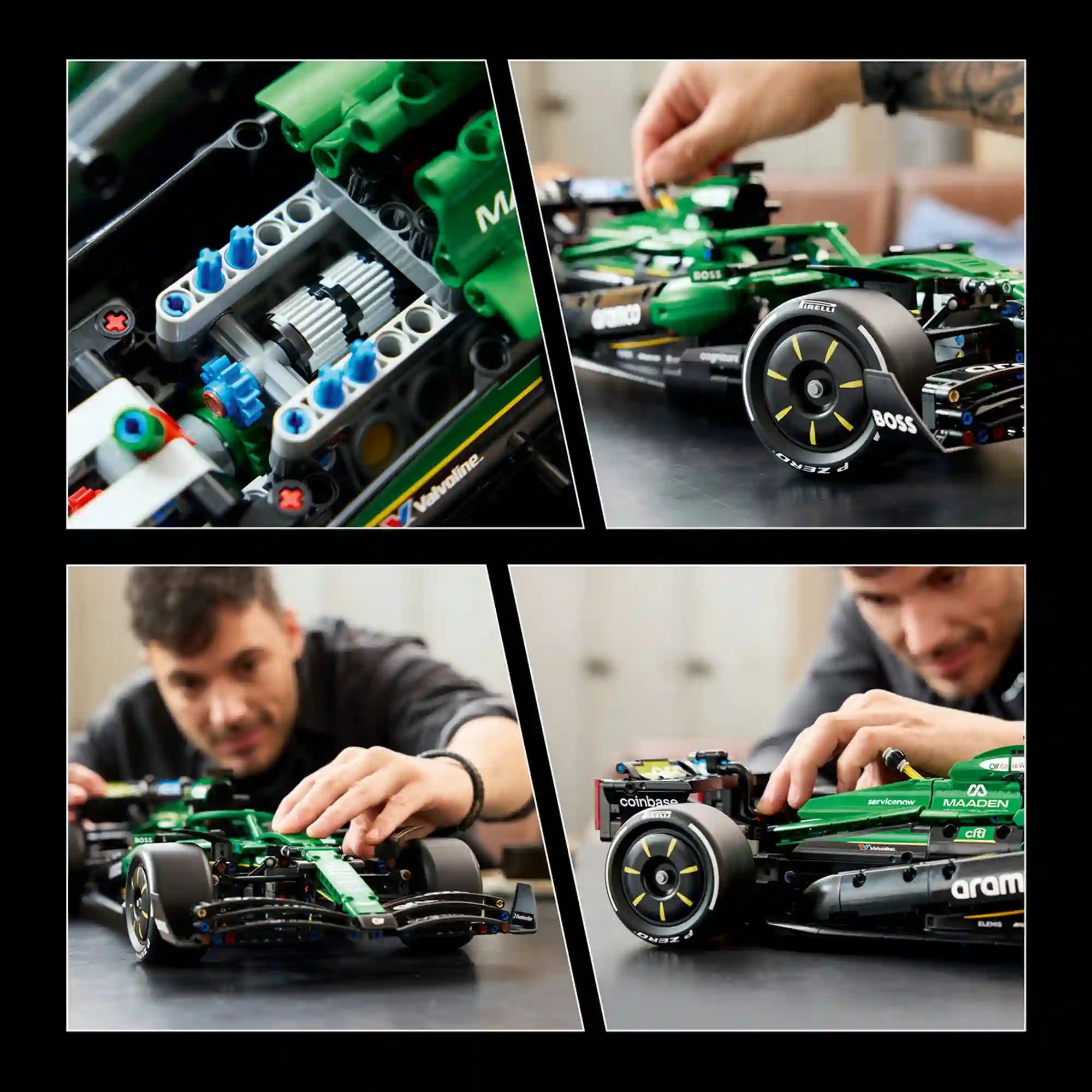 Részletképek a LEGO Technic Aston Martin AMR25 modell funkcióiról és mechanikájáról.