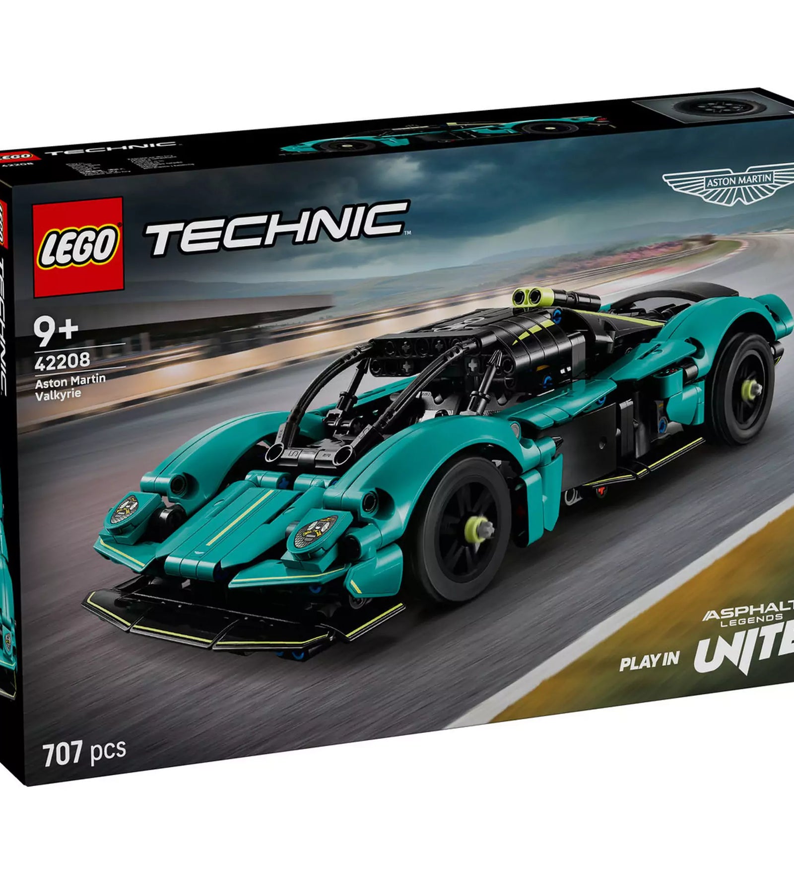 A LEGO Technic Aston Martin Valkyrie (42208) készlet dobozának eleje, amelyen a részletesen kidolgozott zöld-fekete sportautó látható versenypályán, 707 darabos megjelöléssel.