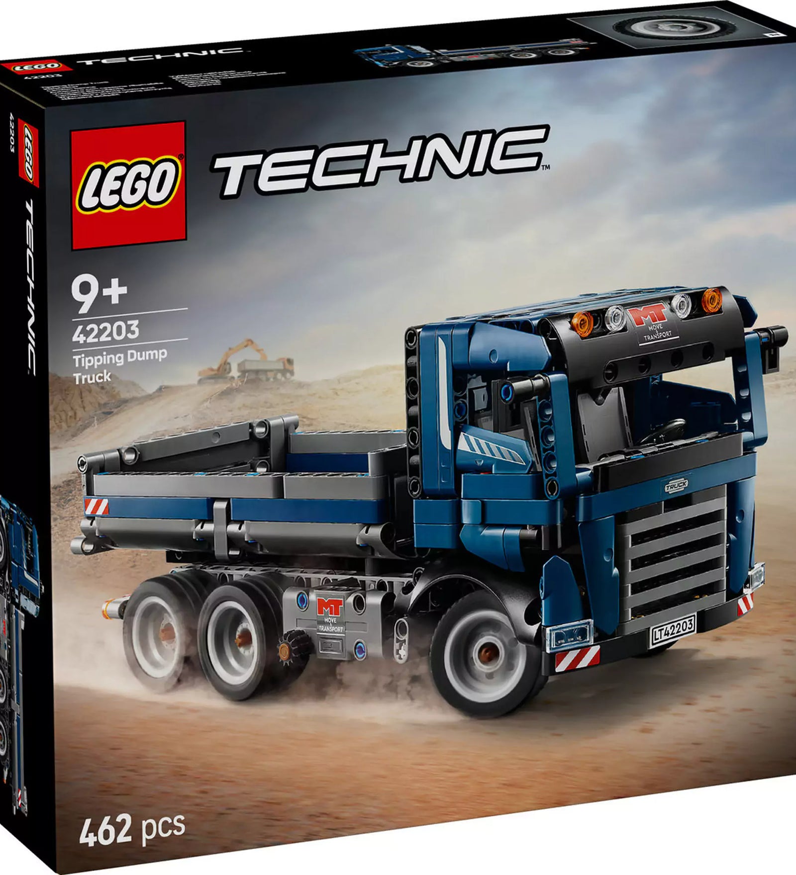 LEGO Technic Billenőplatós teherautó (42203) doboza szemből, homokos építkezési háttérrel.