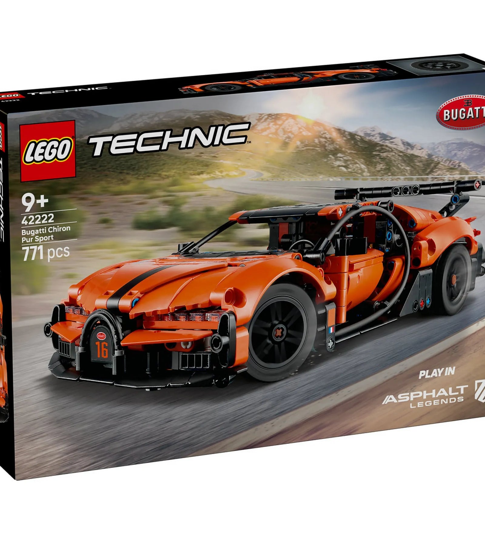 LEGO Technic Bugatti Chiron Pur Sport (42222) építőkészlet doboza, narancssárga hiperautóval, 9+ korosztály jelöléssel és 771 elemmel