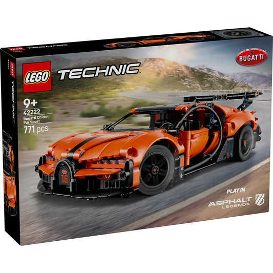 LEGO Technic Bugatti Chiron Pur Sport (42222) építőkészlet doboza, narancssárga hiperautóval, 9+ korosztály jelöléssel és 771 elemmel