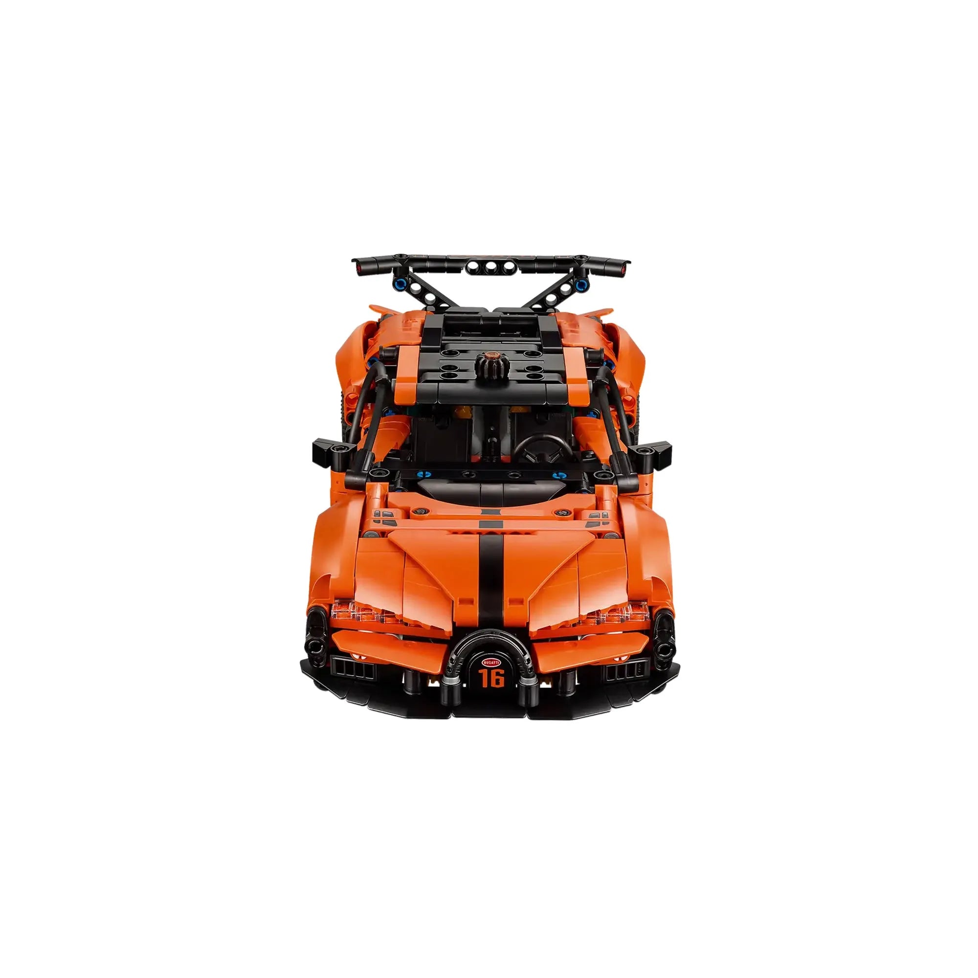 LEGO Technic Bugatti Chiron Pur Sport elölnézetben, jellegzetes patkó alakú hűtőráccsal és narancssárga karosszériával