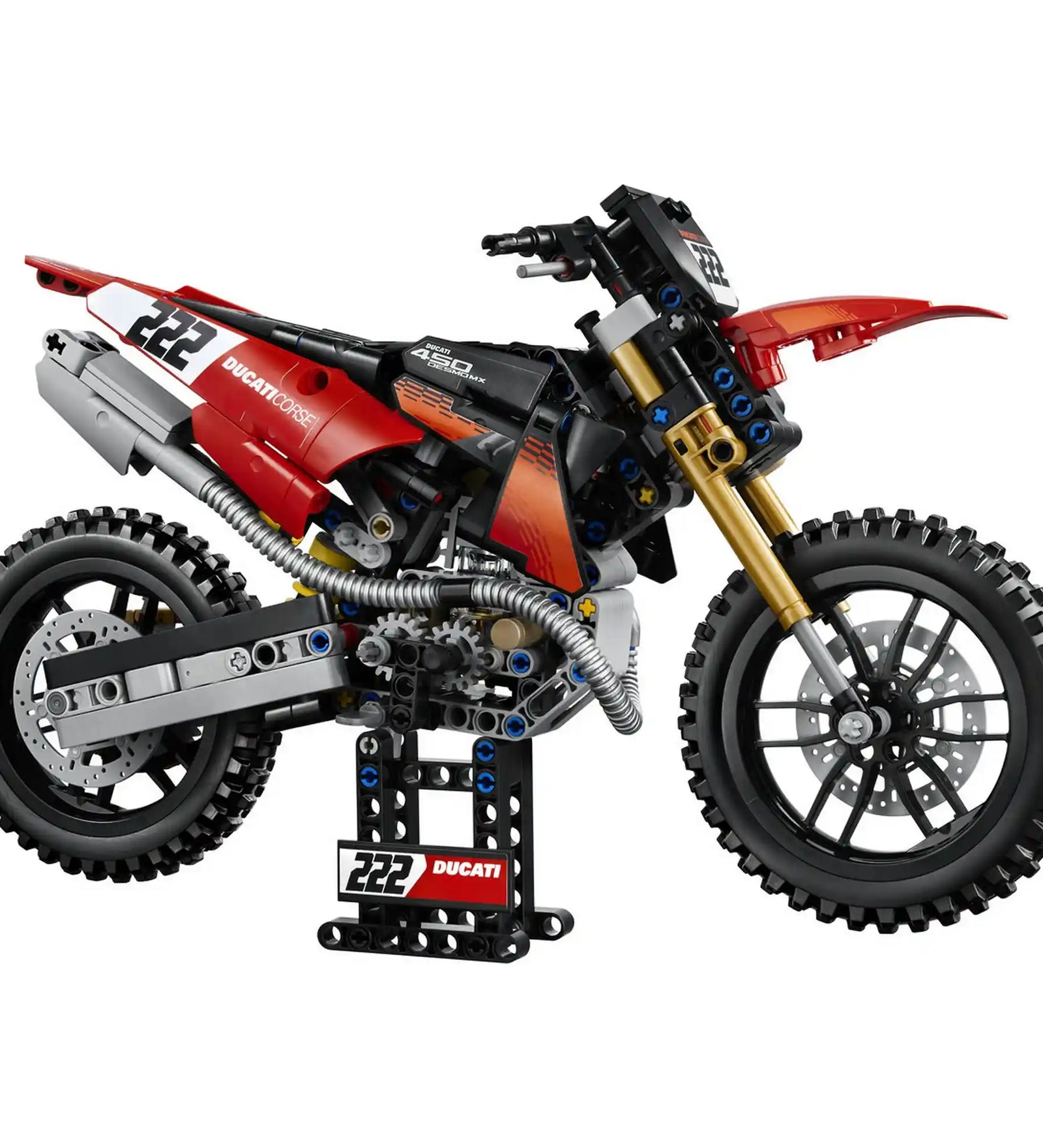 A LEGO Technic: Ducati Desmo450 MX Factory motorkerékpár 42238 megépített motocross motor fehér háttéren.