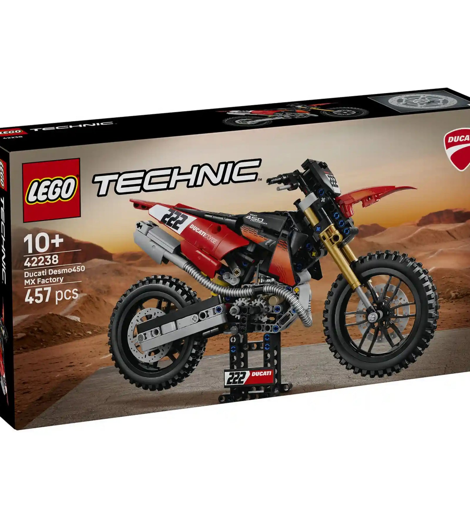 A LEGO Technic: Ducati Desmo450 MX Factory motorkerékpár 42238 készlet dobozának előoldala.