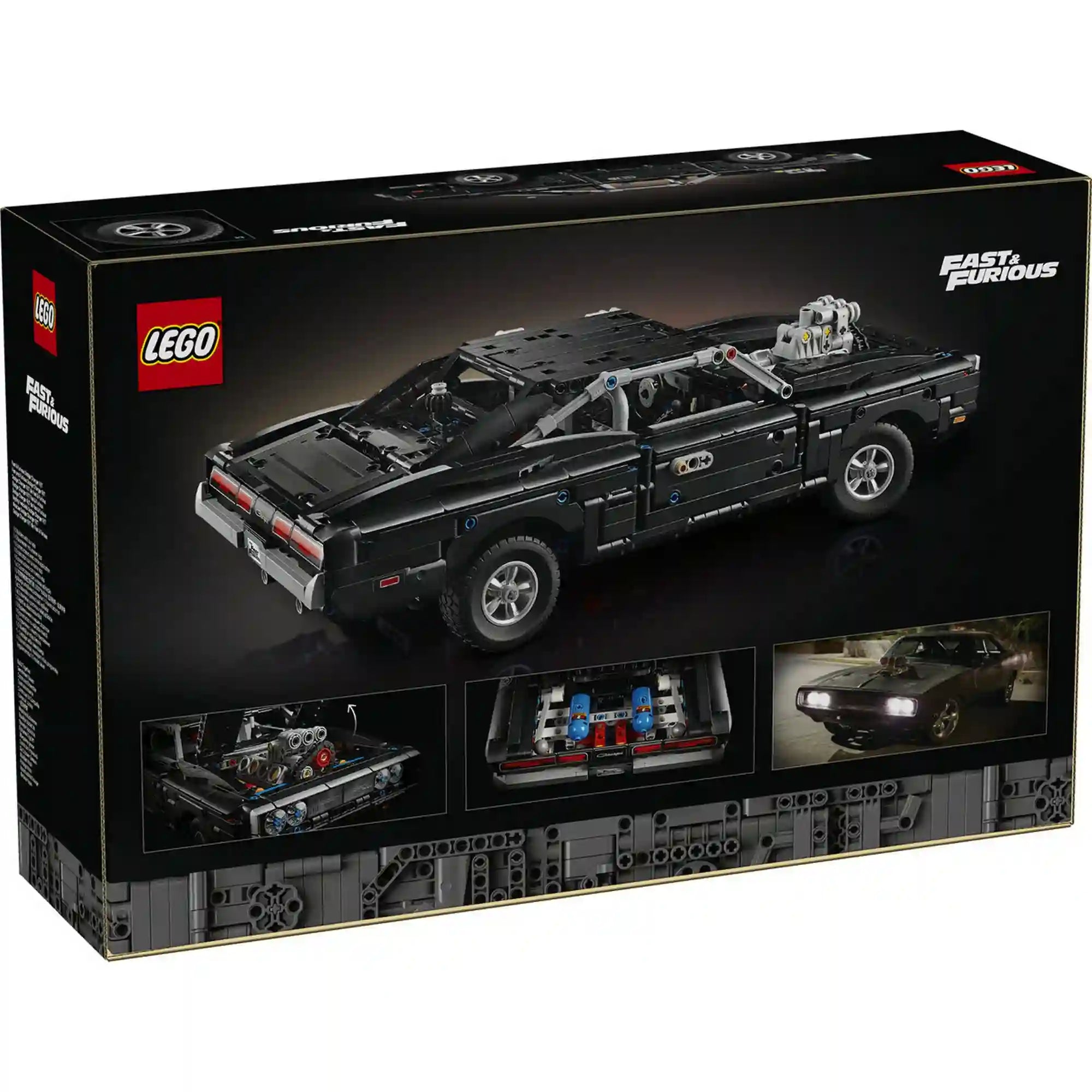 A LEGO Technic 42231 készlet hátoldala, amely a működő funkciókat, a motorteret és a Fast & Furious inspirációkat mutatja be.