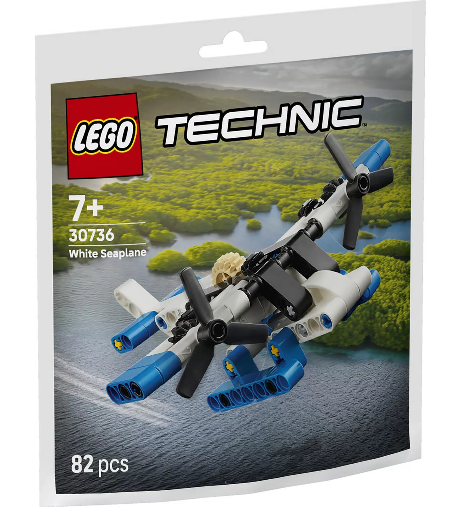 LEGO Technic Fehér hidroplán 30736 dobozkép, kis méretű úszótalpas repülőmodell 82 darabos LEGO Technic készletben.
