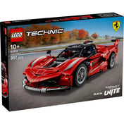 LEGO Technic Ferrari FXX K (42212) dobozkép elölről – A piros Ferrari versenyautó modellje száguldó háttérrel, 897 elemmel, 10 éves kortól.