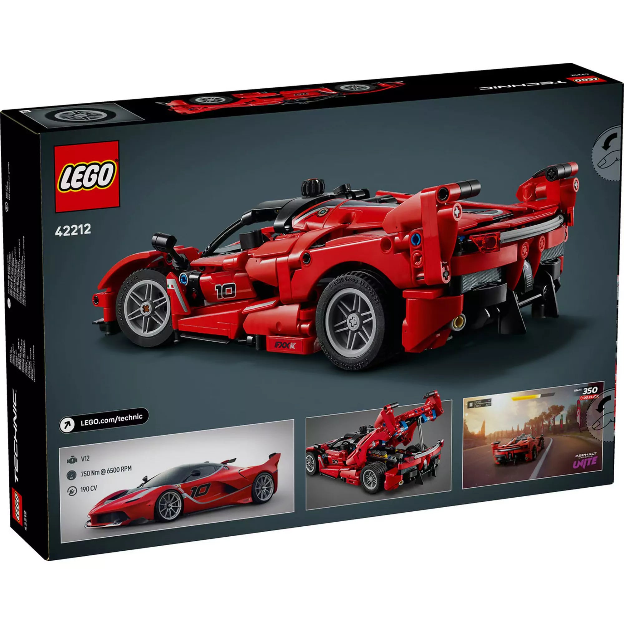 LEGO Technic Ferrari FXX K (42212) dobozkép hátulról – A készlet hátoldala, a részletes autómodell, funkciók és V12 motor kiemelve.