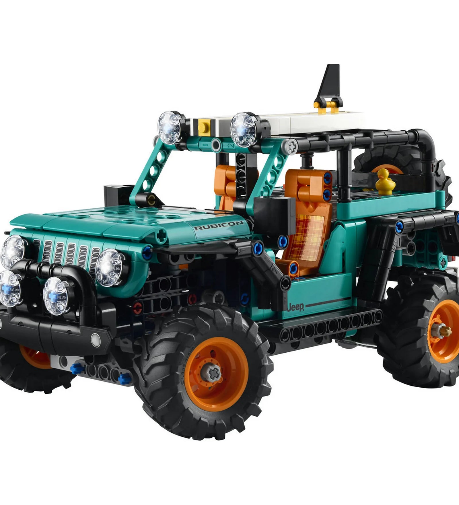 LEGO Technic: Jeep Wrangler Rubicon SUV 42227, 723 darabos részletes terepjáró modell elölnézetből, tetőlámpákkal, nyitott karosszériával és nagyméretű off-road kerekekkel.