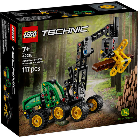 LEGO Technic: John Deere 1470H kerekes betakarítógép 42218 – A készlet dobozának eleje, az összeszerelt betakarítógéppel.