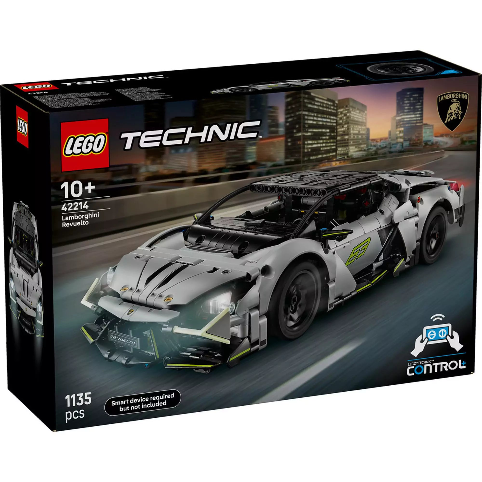LEGO Technic Lamborghini Revuelto (42214) dobozkép elölről – A szürke szuper sportautó LEGO modellje városi háttérrel, 1 135 elemmel, 10 éves kortól.