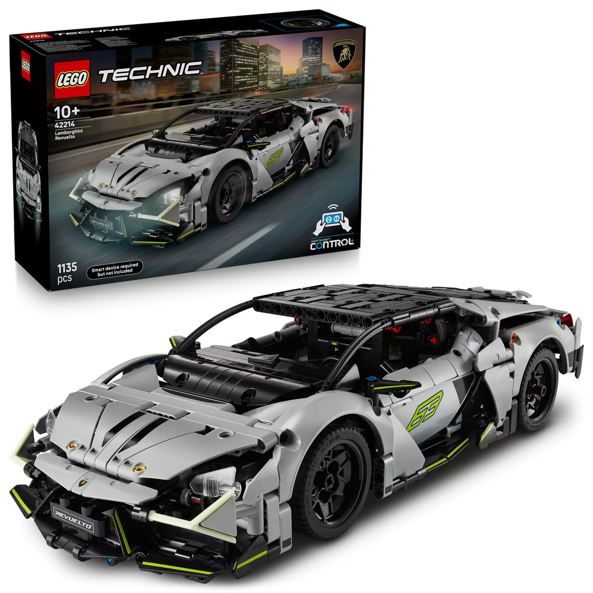 LEGO Technic Lamborghini Revuelto (42214) modell és doboz együtt – A szürke Lamborghini LEGO modell és a készlet doboza, gyűjtőknek is ideális.