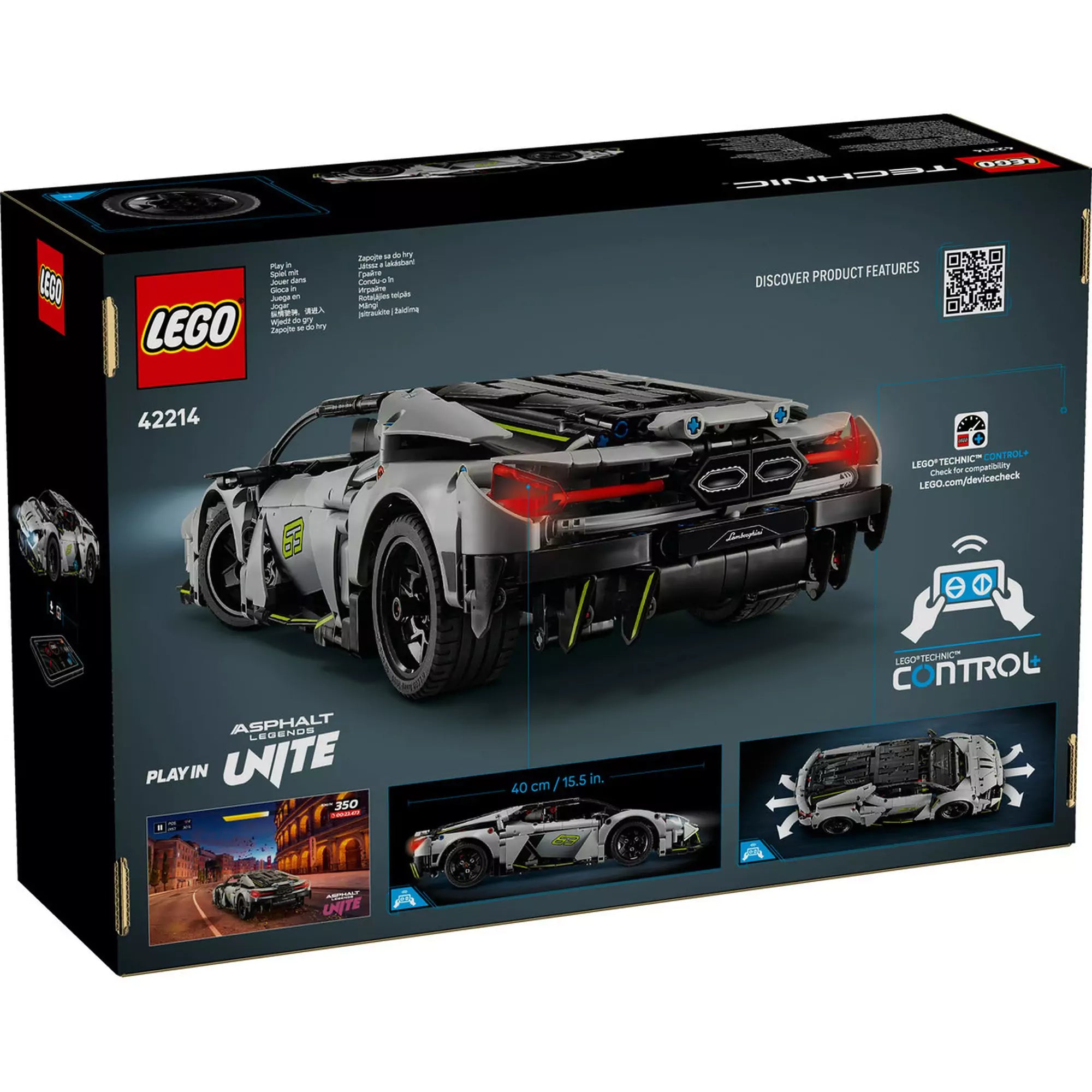 LEGO Technic Lamborghini Revuelto (42214) dobozkép hátulról – A készlet hátoldala, részletes járműmodell, a CONTROL+ funkciók és méretek kiemelve.