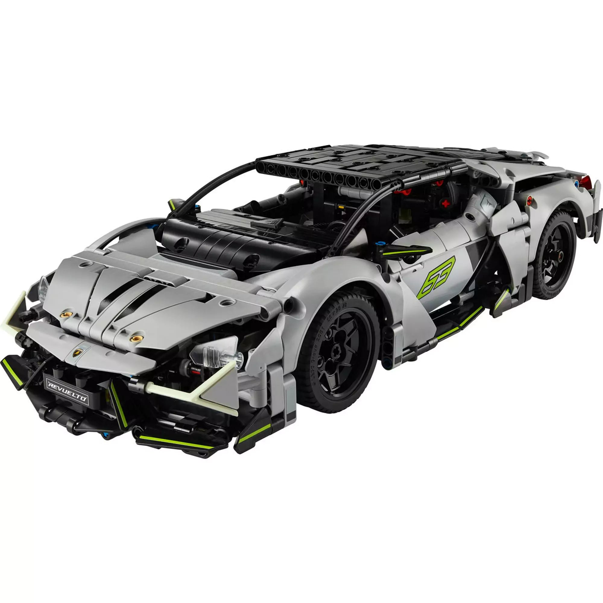 LEGO Technic Lamborghini Revuelto (42214) elölnézet – A valósághű sportautómodell szürke színben, kiemelt első részletekkel és aerodinamikai elemekkel.