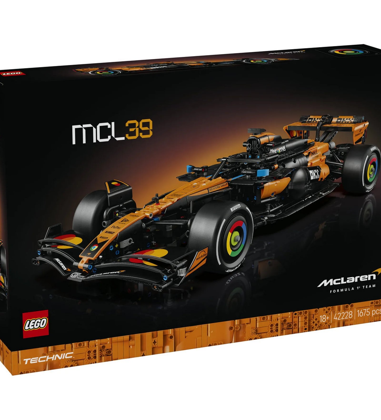 LEGO Technic McLaren MCL39 F1 autó (42228) készlet dobozképe fekete háttérrel és narancssárga-fekete Formula–1 versenyautó modellel.