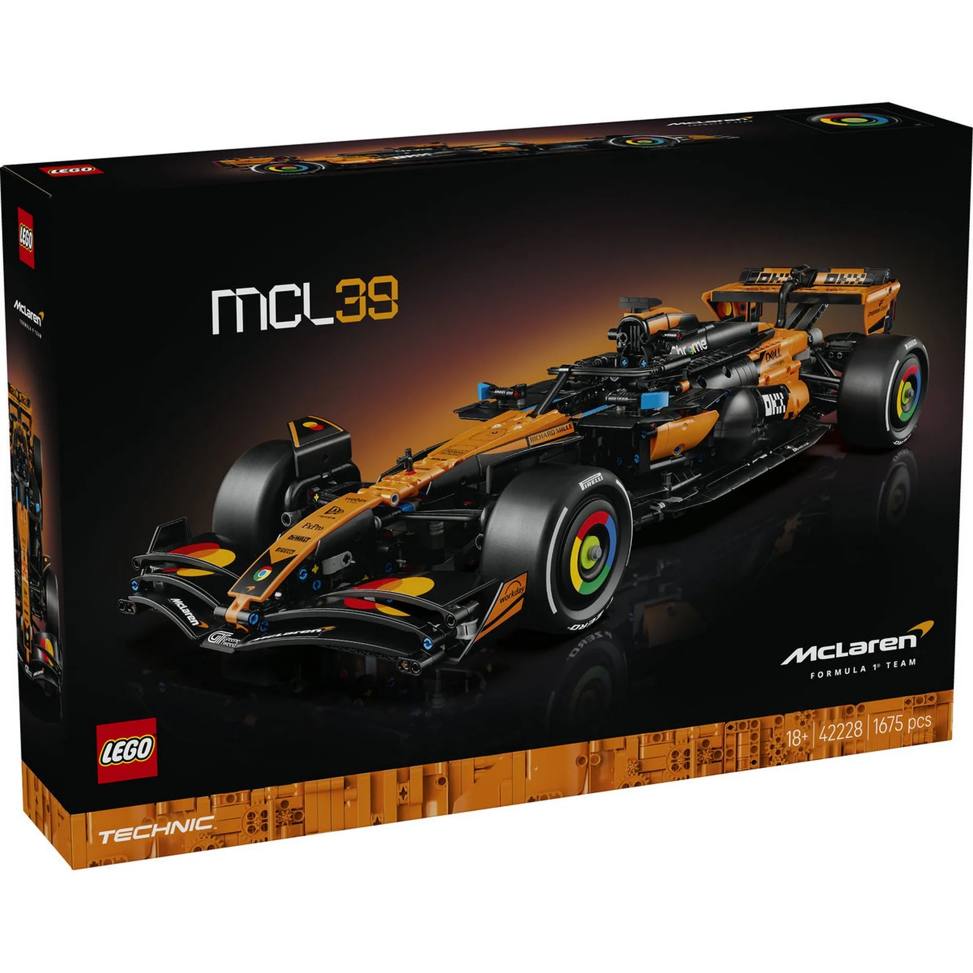LEGO Technic McLaren MCL39 F1 autó (42228) készlet dobozképe fekete háttérrel és narancssárga-fekete Formula–1 versenyautó modellel.