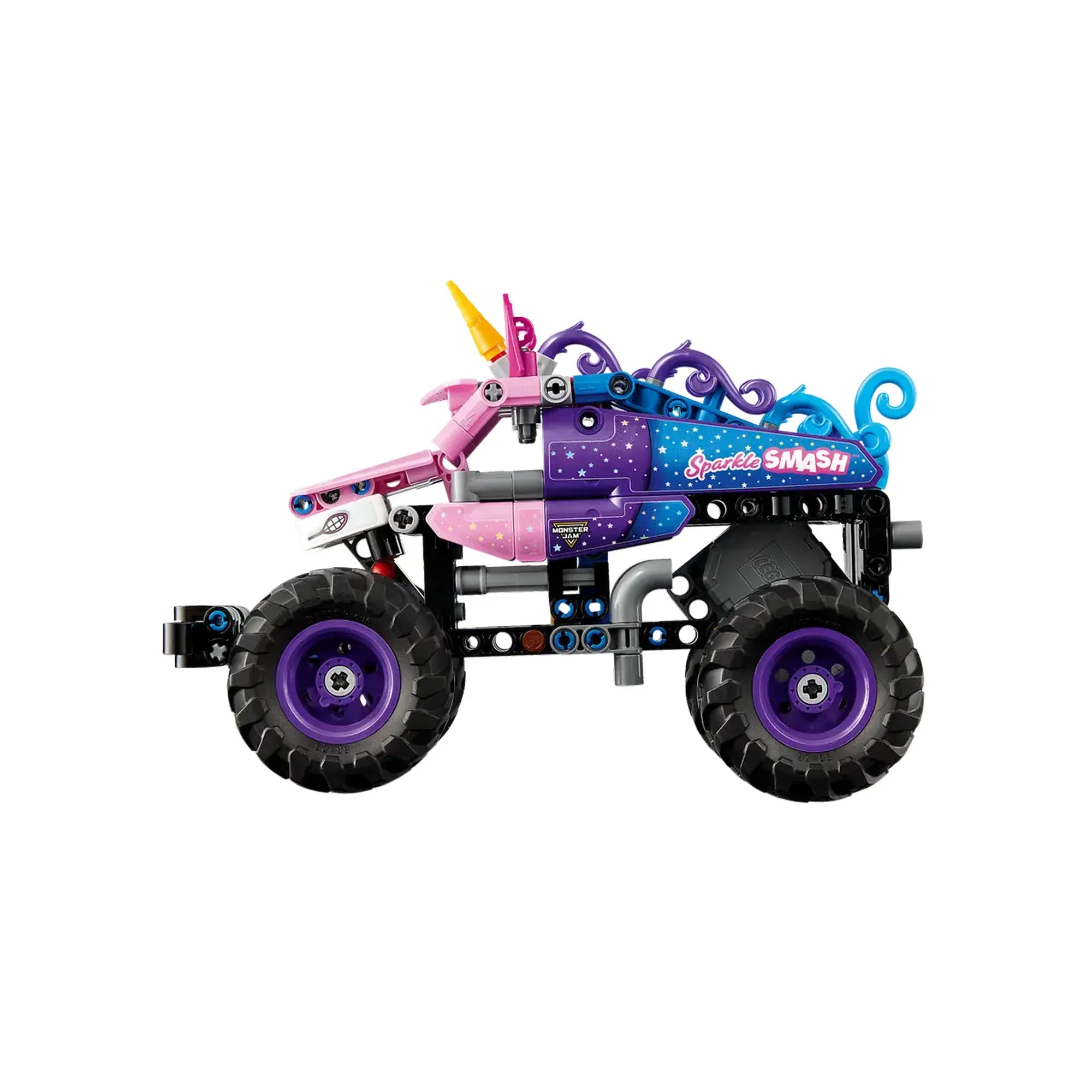 LEGO Technic Monster Jam Sparkle Smash 42220 oldalnézet, színes Monster Jam grafika és nagy terepgumik