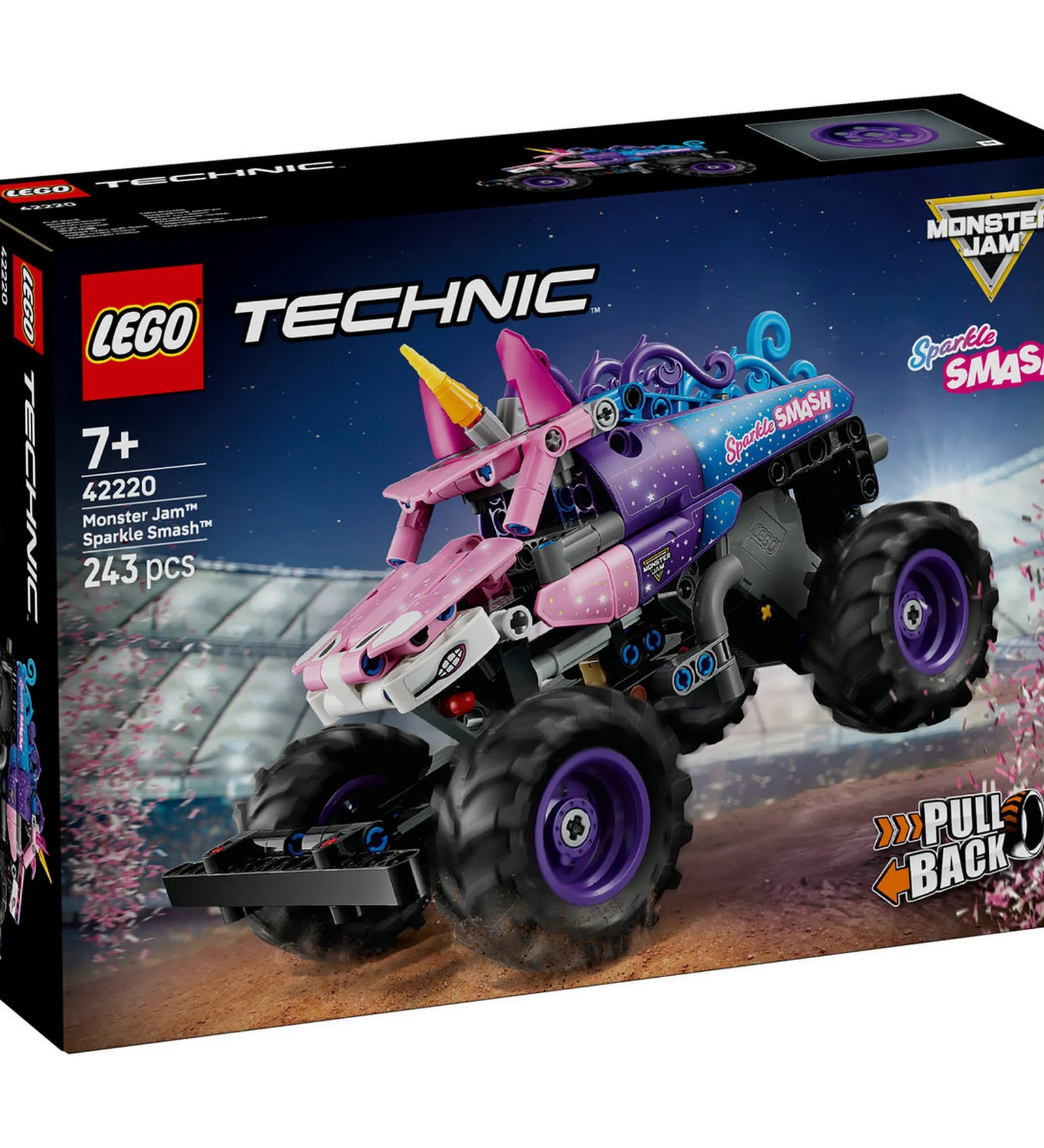 LEGO Technic Monster Jam Sparkle Smash 42220 dobozkép, unikornis dizájnú monster truck Pull-Back funkcióval.