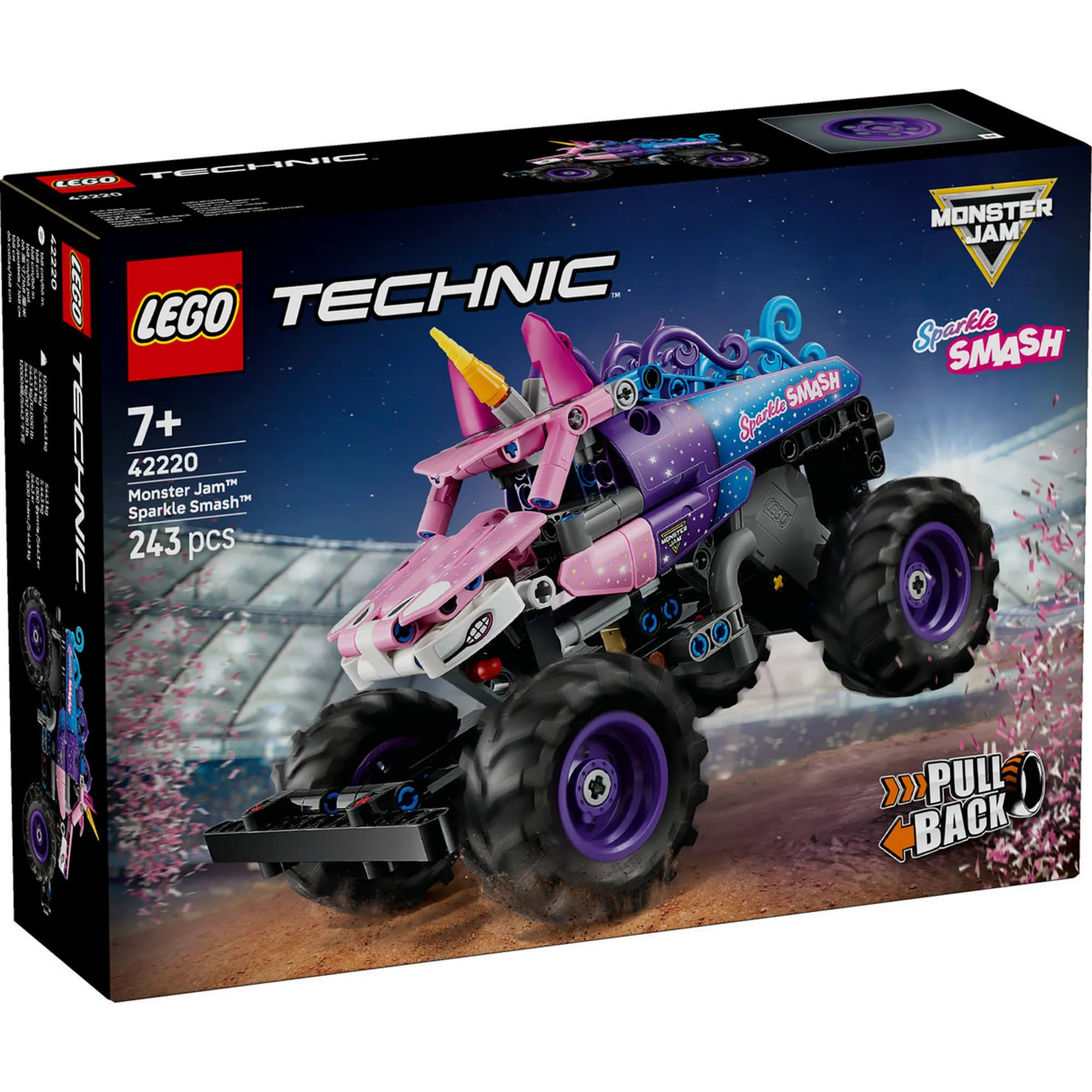 LEGO Technic Monster Jam Sparkle Smash 42220 dobozkép, unikornis dizájnú monster truck Pull-Back funkcióval.