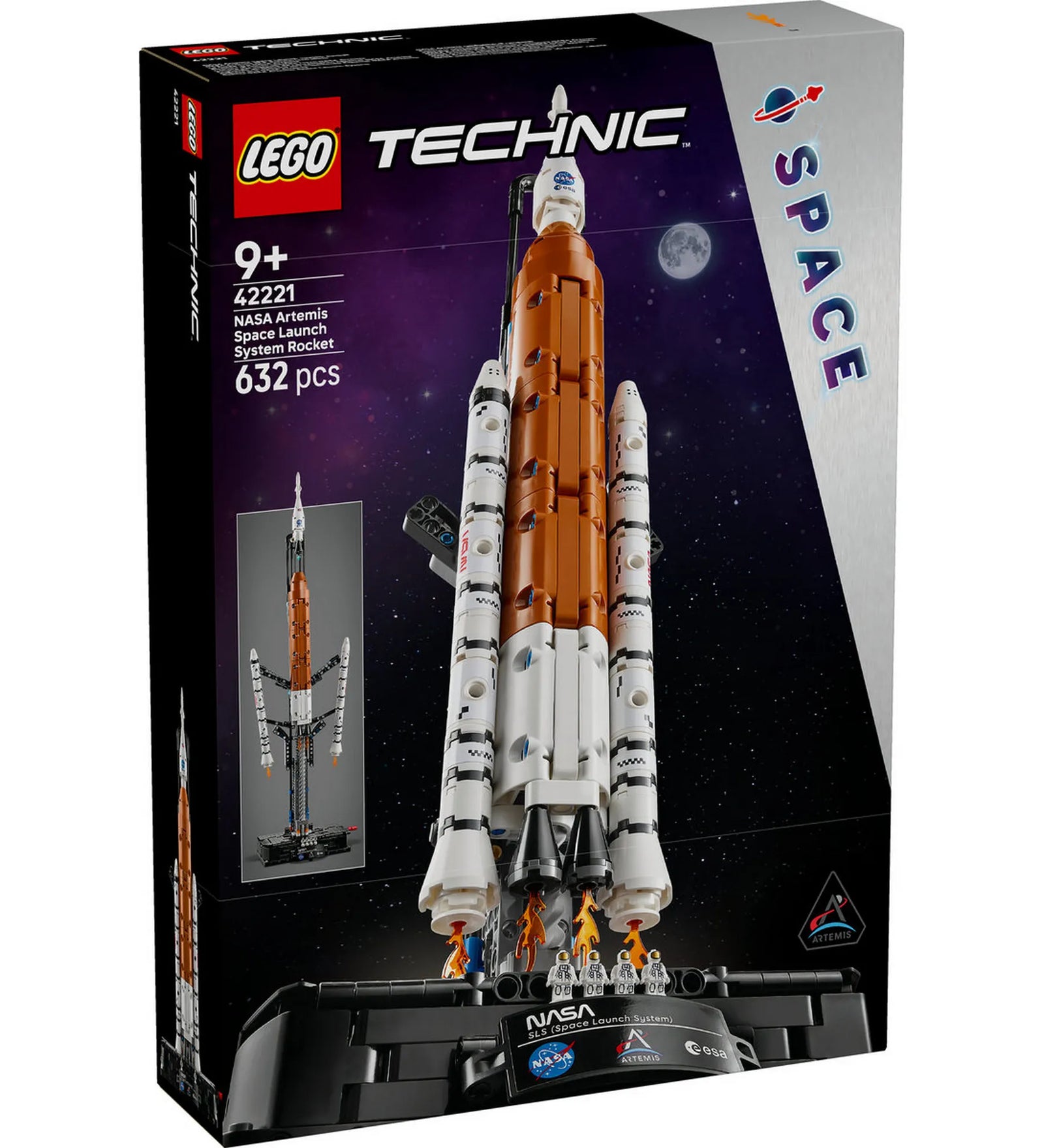 LEGO Technic: NASA Artemis rakétakilövő rendszer 42221 – A LEGO Technic készlet dobozának eleje, a teljes rakétamodellel.