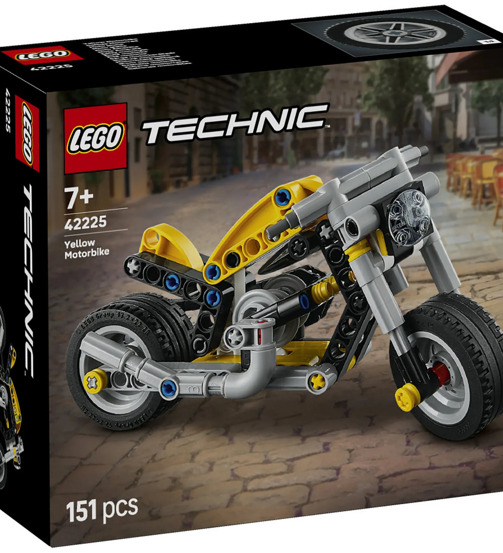 LEGO Technic: Sárga motorkerékpár 42225, 151 darabos – a készlet dobozának elülső oldala a sárga Technic motorkerékpár modellel és a 151 darabos építőkészlet jelölésével.
