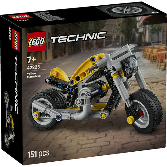 LEGO Technic: Sárga motorkerékpár 42225, 151 darabos – a készlet dobozának elülső oldala a sárga Technic motorkerékpár modellel és a 151 darabos építőkészlet jelölésével.