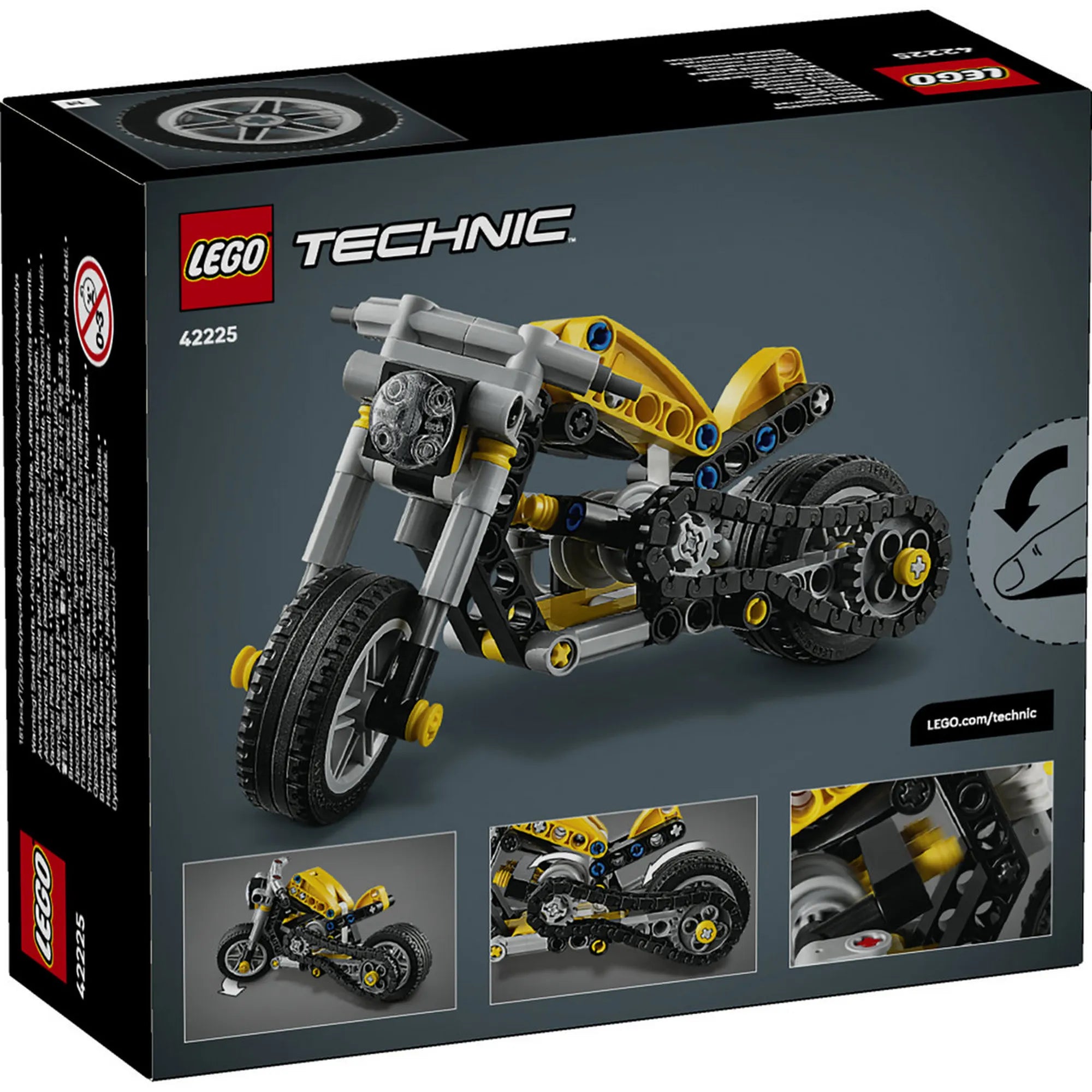 LEGO Technic: Sárga motorkerékpár 42225, 151 darabos – a készlet dobozának hátoldala, amely bemutatja a megépíthető motor modellt és a működő lánchajtás részleteit.