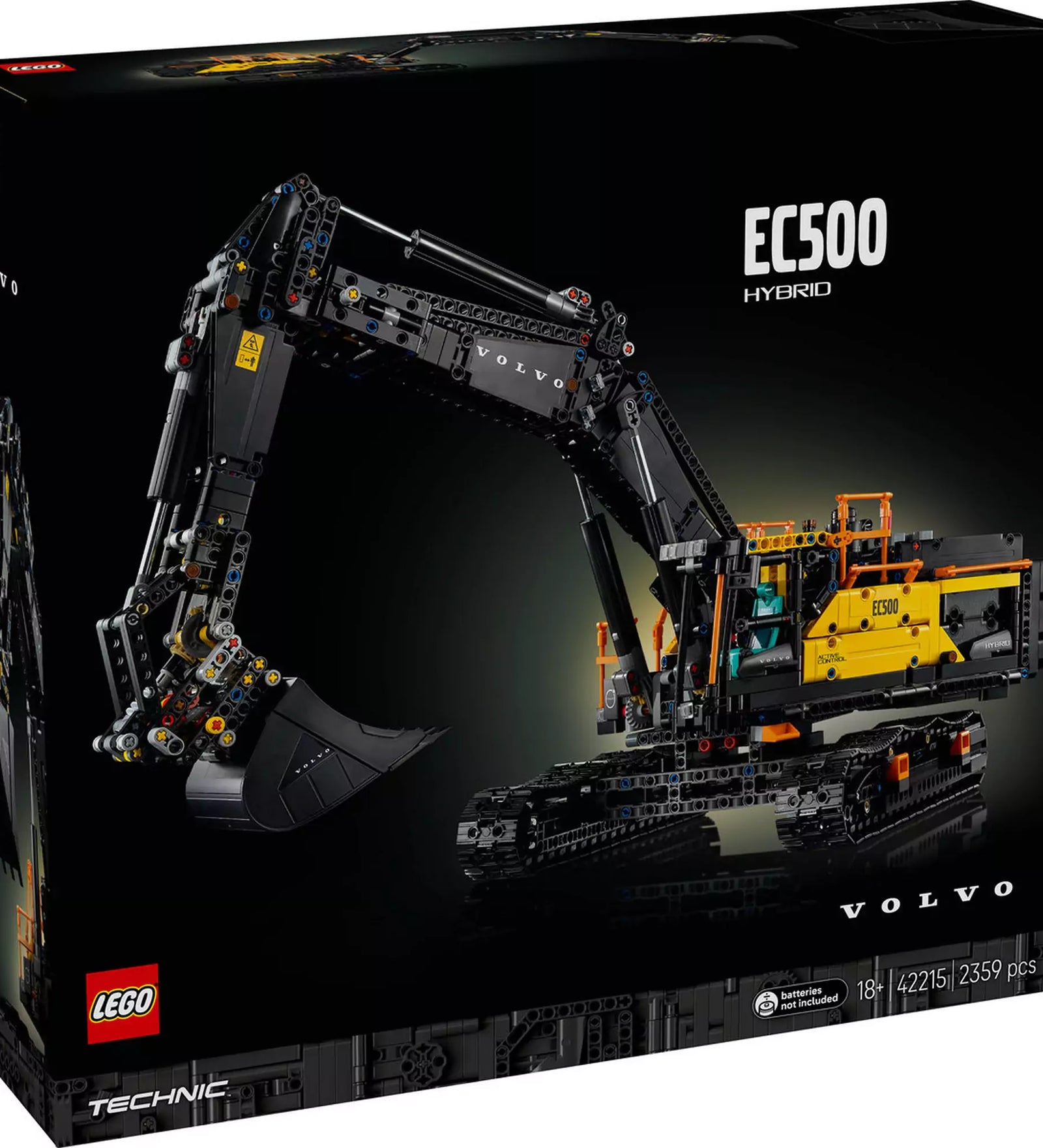 LEGO Technic Volvo EC500 Hybrid exkavátor (42215) dobozkép elölről – A fekete-sárga motorizált LEGO exkavátor modellje 2 359 elemmel, felnőtteknek.