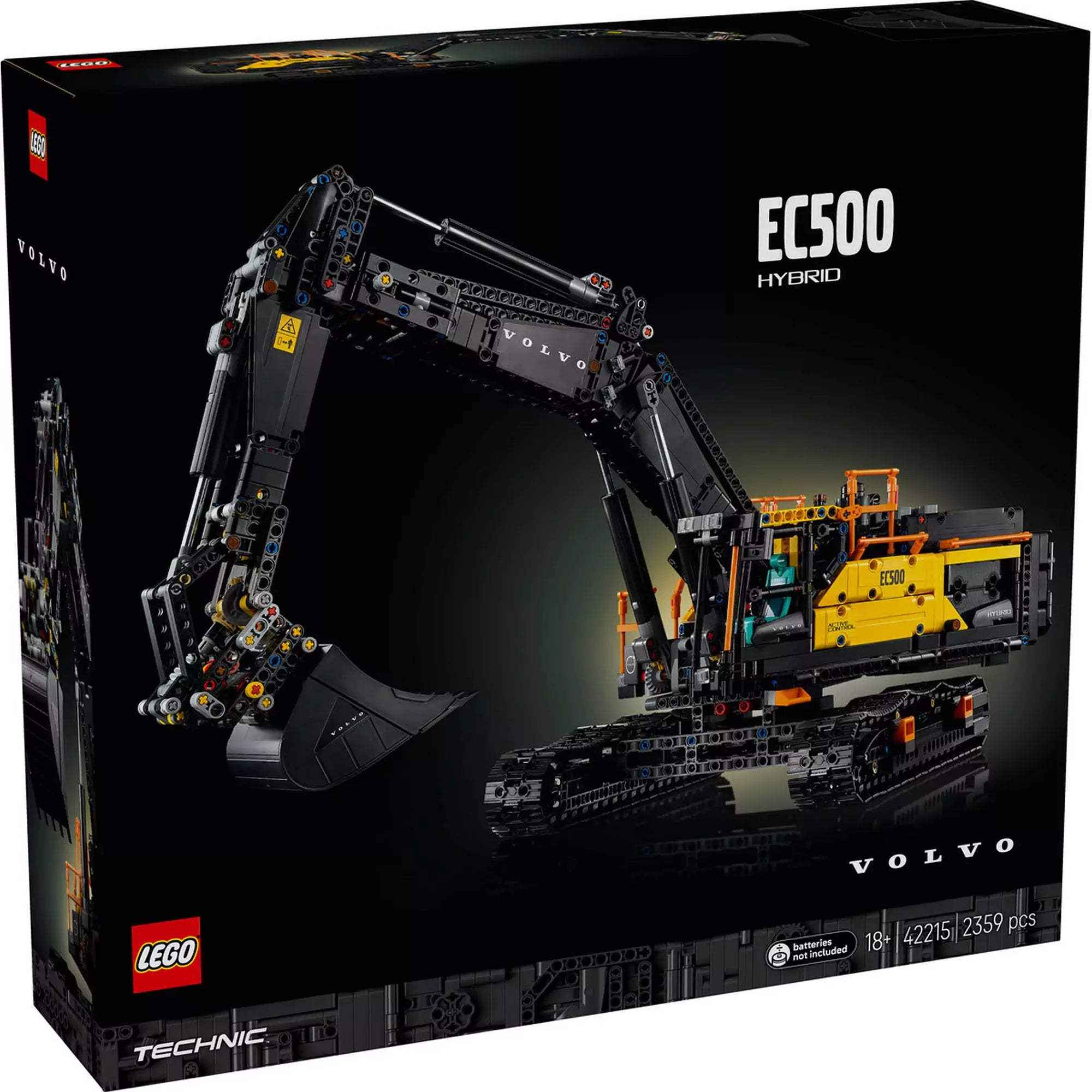 LEGO Technic Volvo EC500 Hybrid exkavátor (42215) dobozkép elölről – A fekete-sárga motorizált LEGO exkavátor modellje 2 359 elemmel, felnőtteknek.