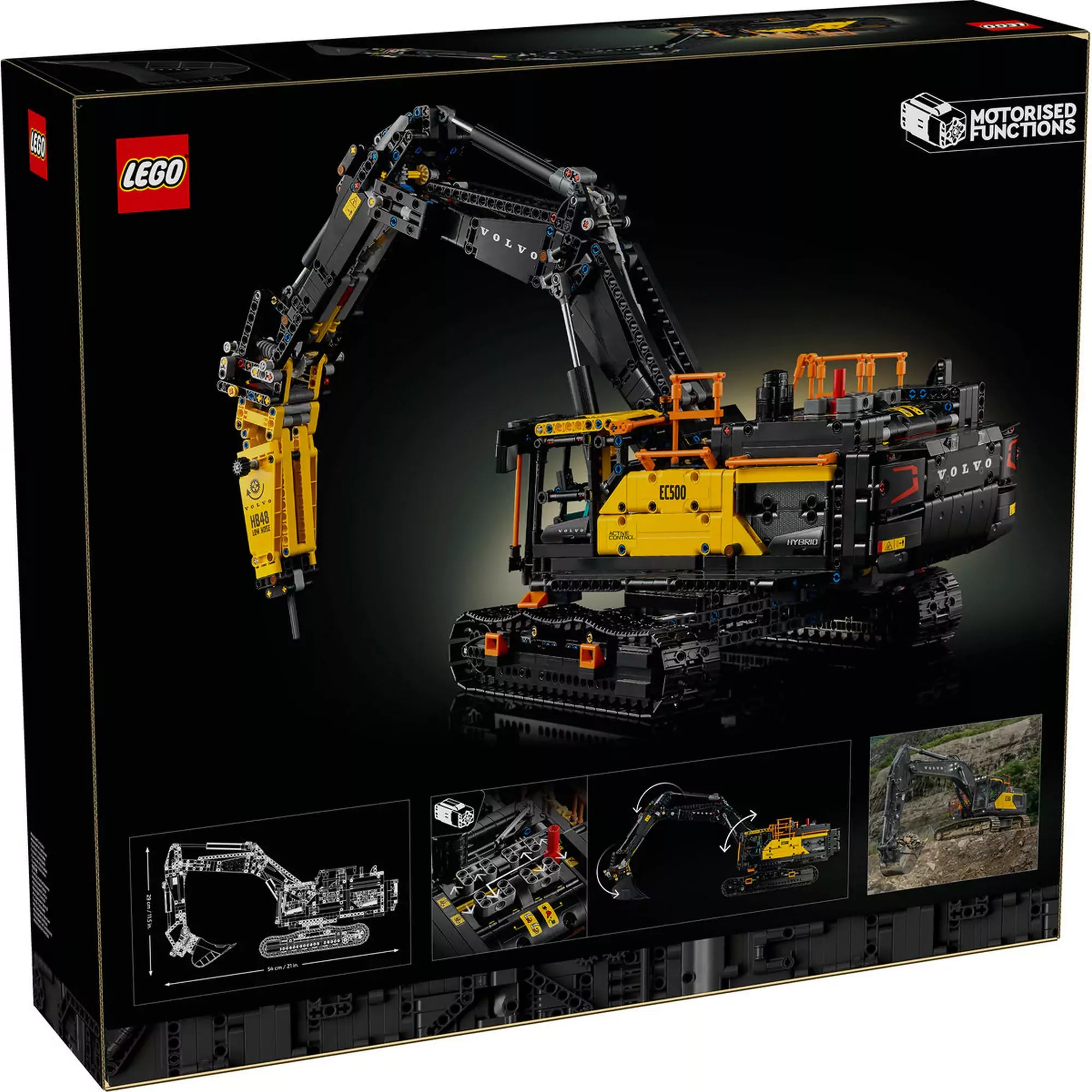 LEGO Technic Volvo EC500 Hybrid exkavátor (42215) dobozkép hátulról – A készlet hátoldala, kiemelve a 4 funkciós váltót, a cserélhető eszközöket és a lánctalpas kialakítást.