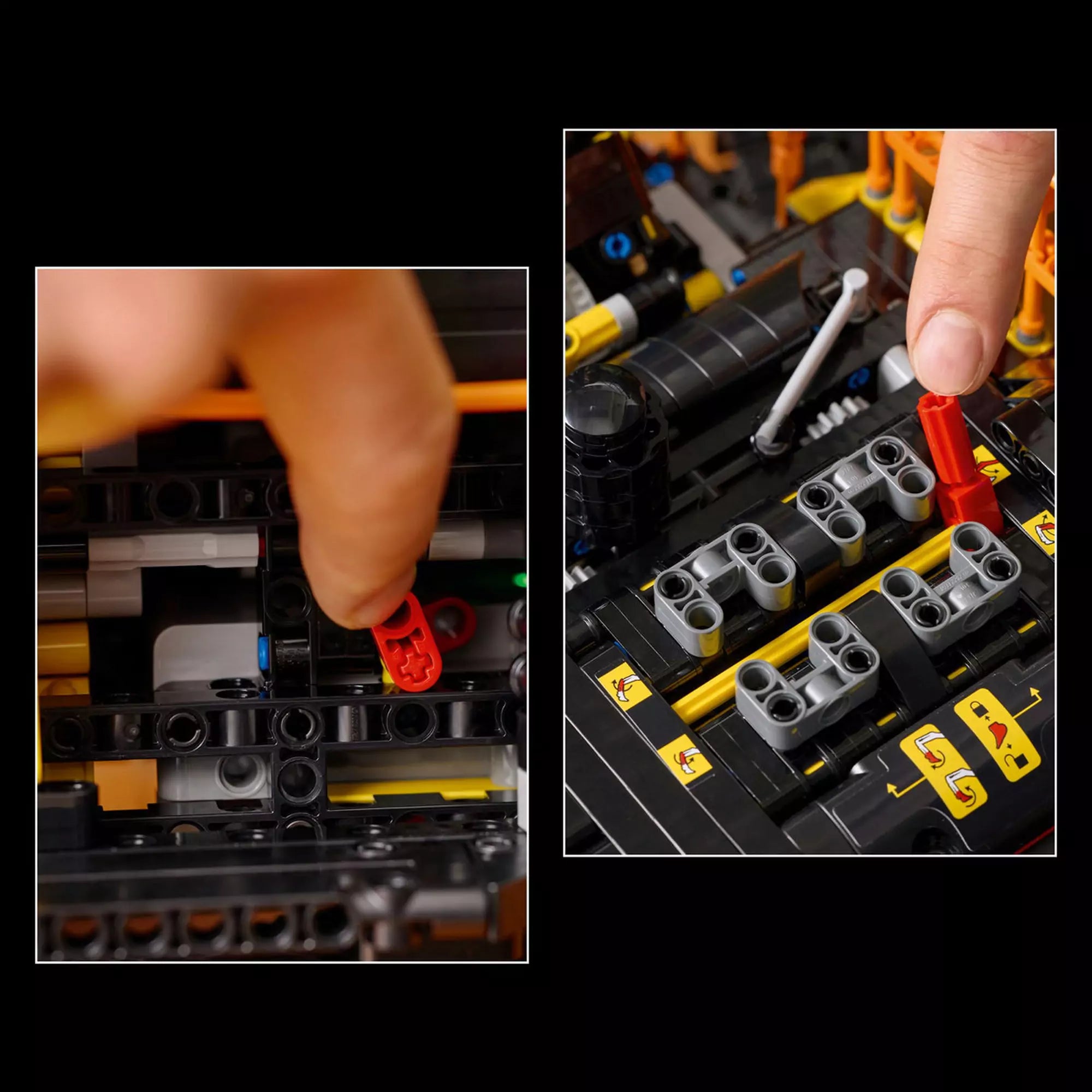 LEGO Technic Volvo EC500 Hybrid exkavátor (42215) funkció bemutató – Közeli kép a sebességváltó és a kézi vezérlés részleteiről építés közben.
