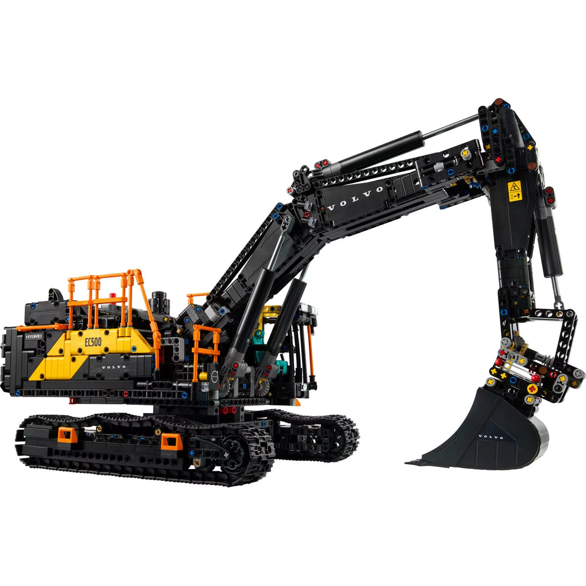 LEGO Technic Volvo EC500 Hybrid exkavátor (42215) oldalnézet – A valósághű, lánctalpas LEGO építőgép mozgatható karral és részletes gémmel.