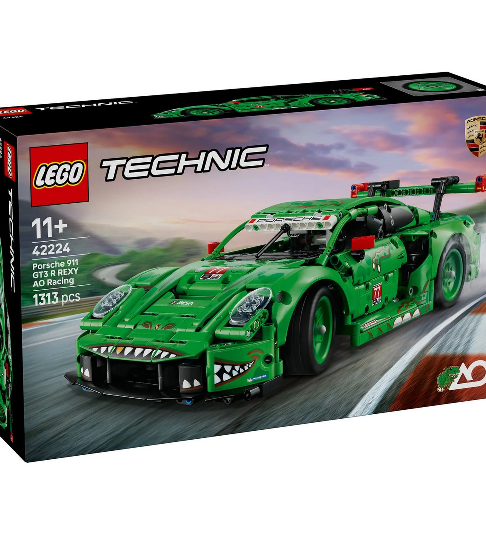 LEGO Technic Porsche 911 GT3 R REXY AO Racing (42224) készlet dobozképe, zöld versenyautóval és Technic logóval