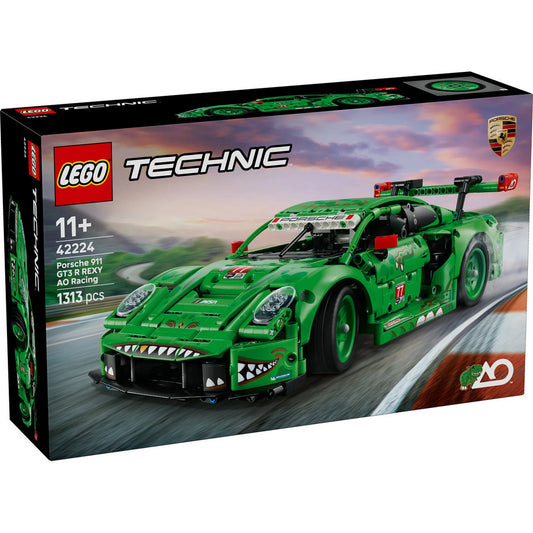 LEGO Technic Porsche 911 GT3 R REXY AO Racing (42224) készlet dobozképe, zöld versenyautóval és Technic logóval