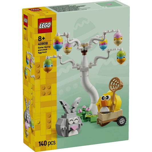 LEGO Tojásvadászat nyuszival és csibével 40808 – A LEGO húsvéti készlet dobozának előlapja, tojásvadászat témájú építménnyel és figurákkal.