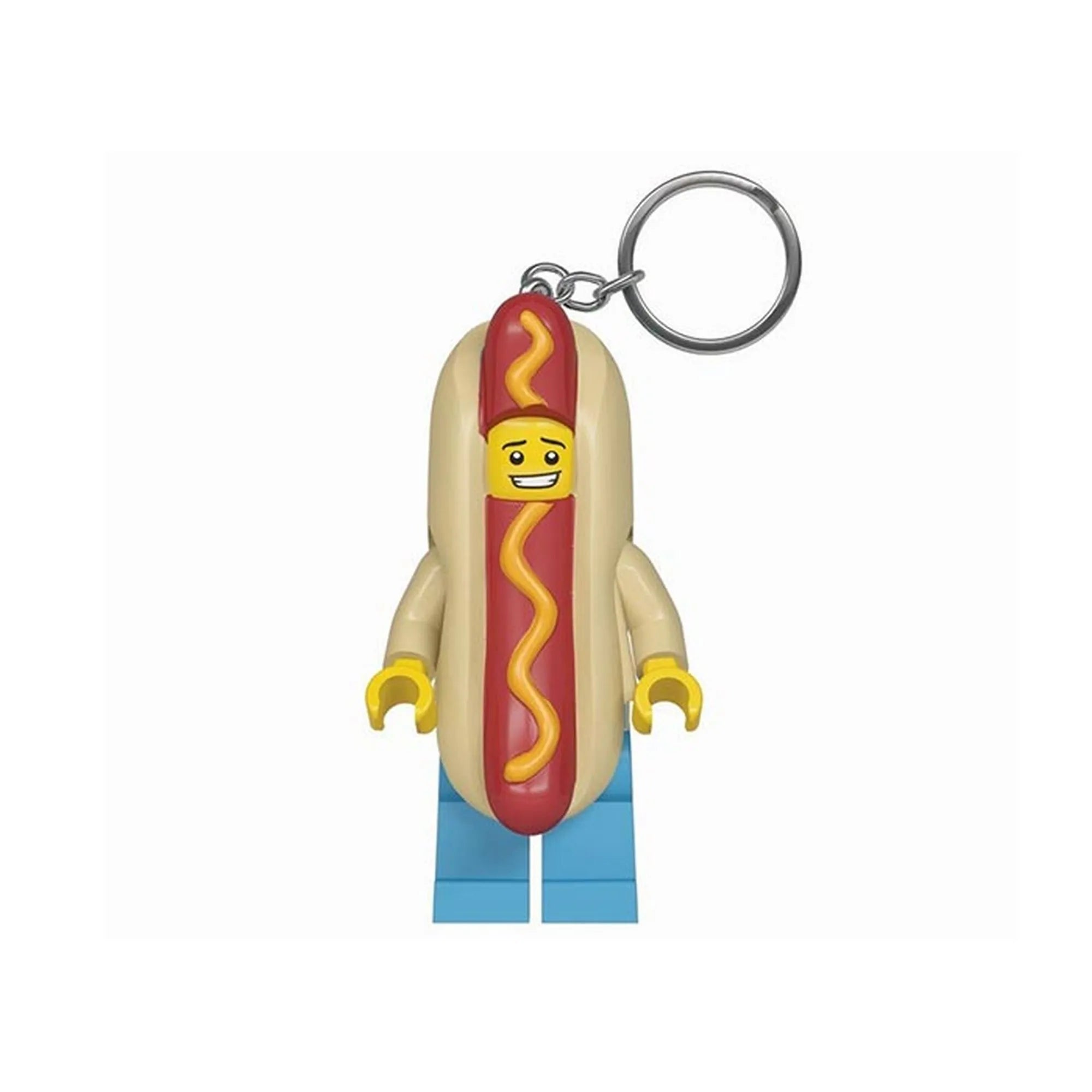 Közelről fotózott LEGO Hot Dog figura kulcstartó LED-es lámpával, részletesen kidolgozott minifigurával, amely láncon és kulcskarikán lóg.