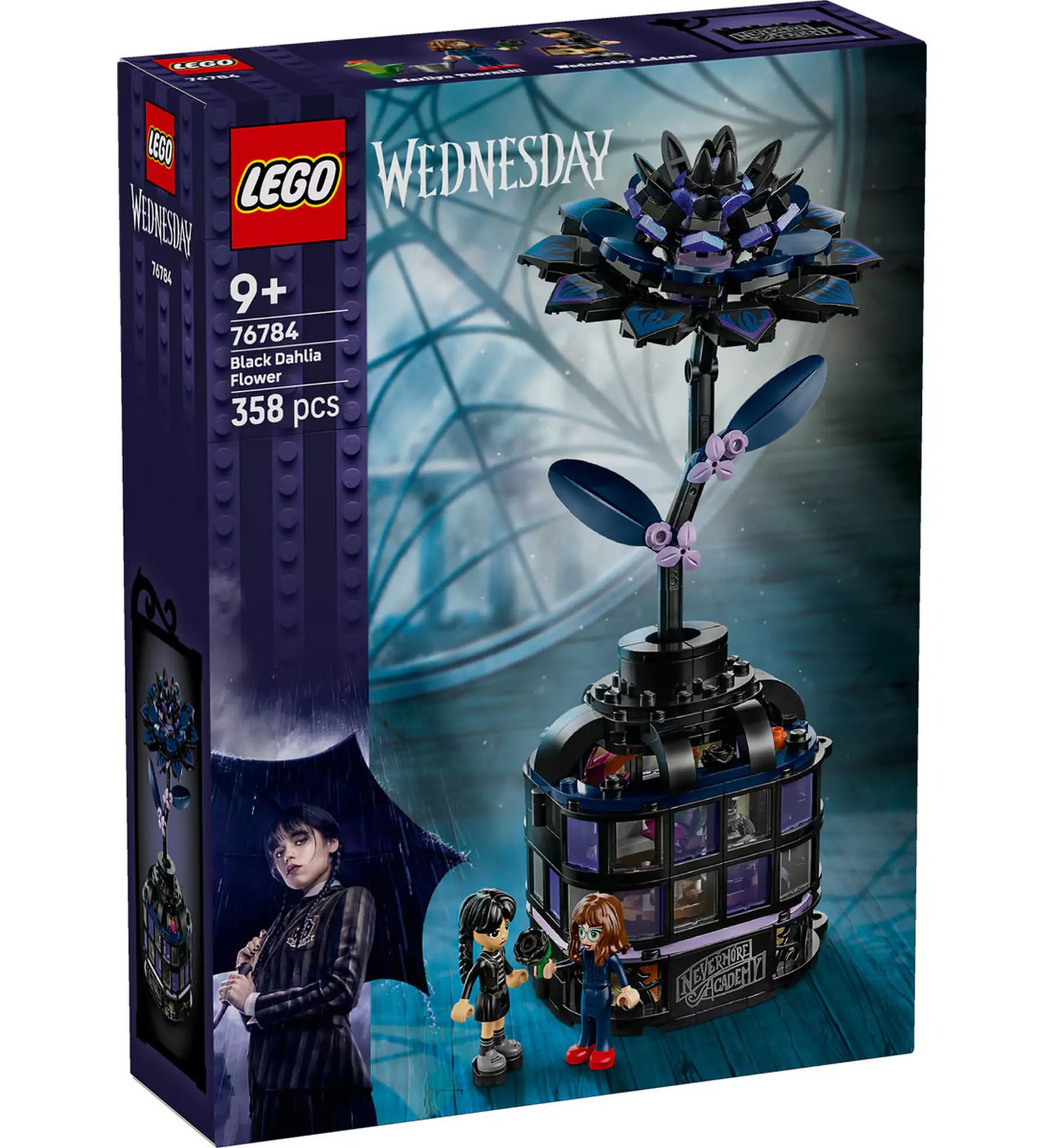 LEGO Wednesday: Fekete dália (76784) doboza, rajta a fekete dália virág váza alakú üvegházzal és minifigurákkal.