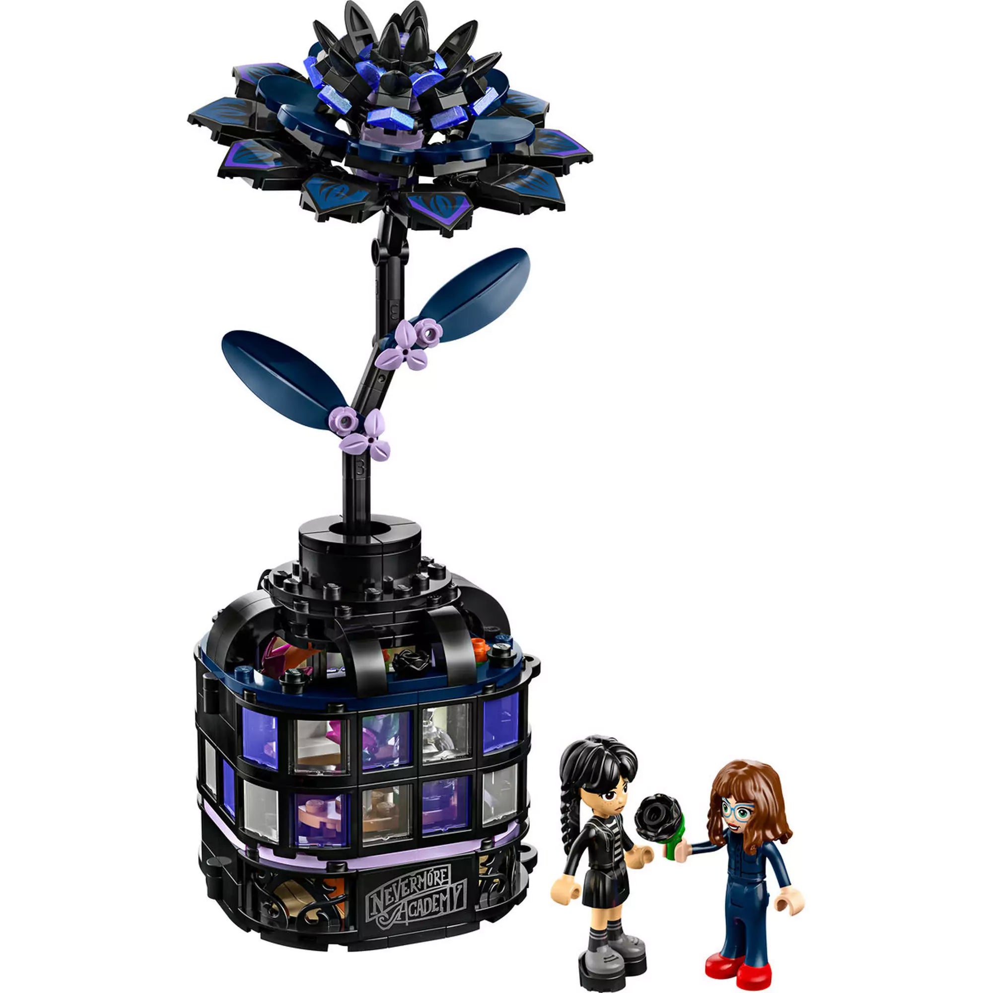  LEGO Wednesday: Fekete dália (76784) teljes készlet, a dália virág váza és két minifigura.